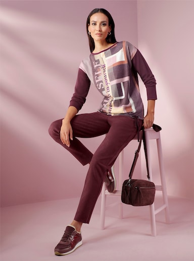 heine Langarm-Pullover mit Tunnelzug und Bindeband - burgund-mauve-bedruckt