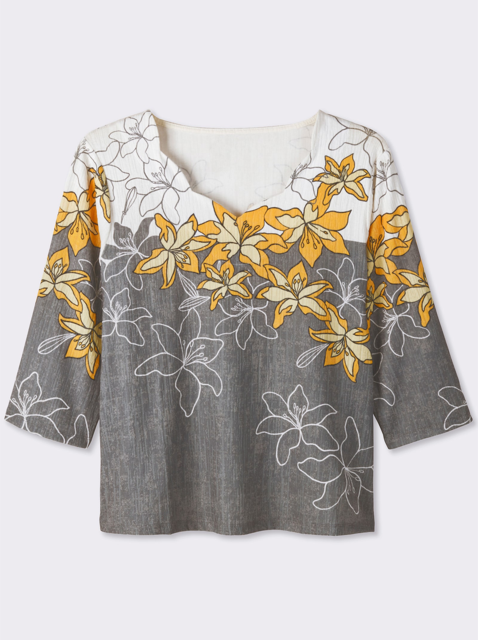 Print-Shirt mit gebogten Kanten - sonnengelb-schwarz-bedruckt