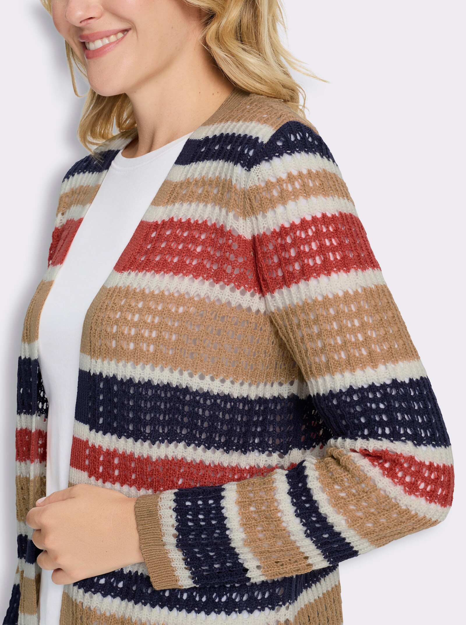 Longstrickjacke mit Ajour-Muster und Streifen - camel-ecru-gemustert