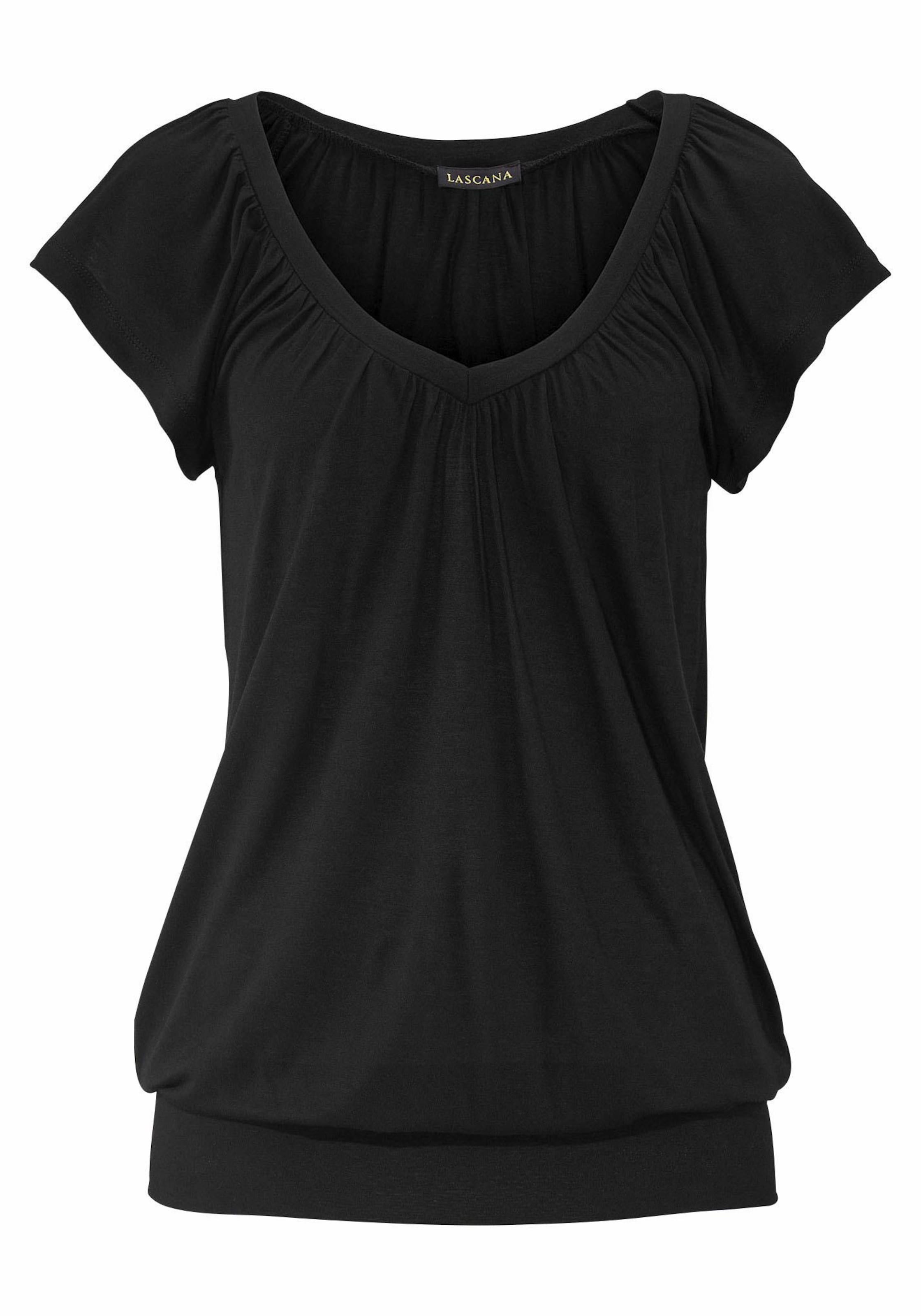 ISK und günstig Kaufen-V-Shirt in schwarz von LASCANA. V-Shirt in schwarz von LASCANA <![CDATA[V-Ausschnitt mit leichten Raffungen. Breiter Bund. Länge ca. 66 cm. Weich fließende Qualität aus 100% Viskose.]]>. 