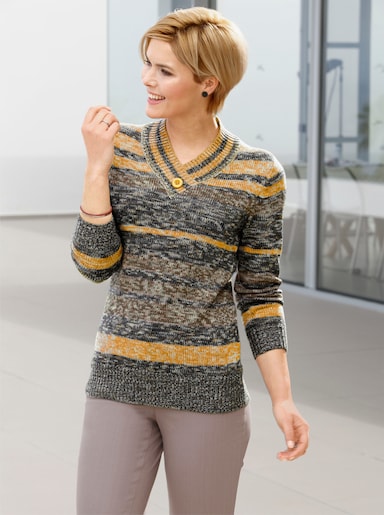 V-Ausschnitt-Pullover aus Melangegarn - curry-anthrazit-geringelt