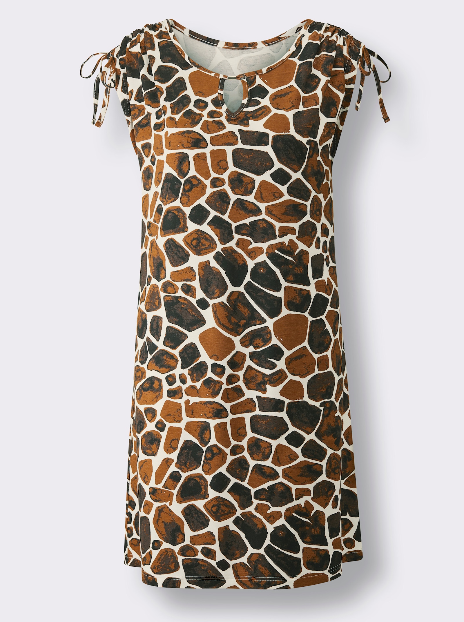 feel good Sommerkleid mit Bindeband an der Schulter - champagner-schoko-bedruckt