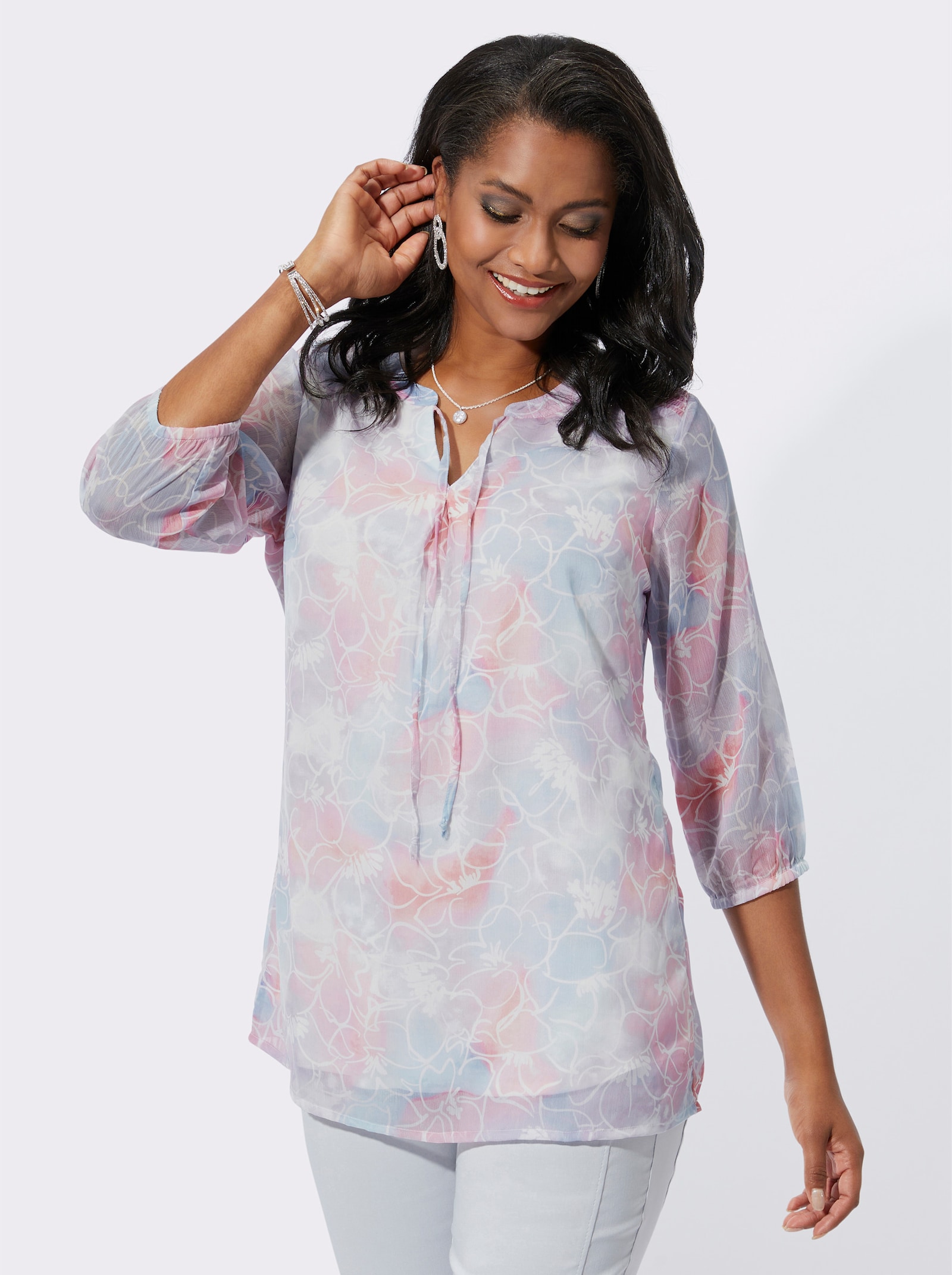 Tuniek met gesmokte inzet op de schouder - lichtblauw/flamingo bedrukt