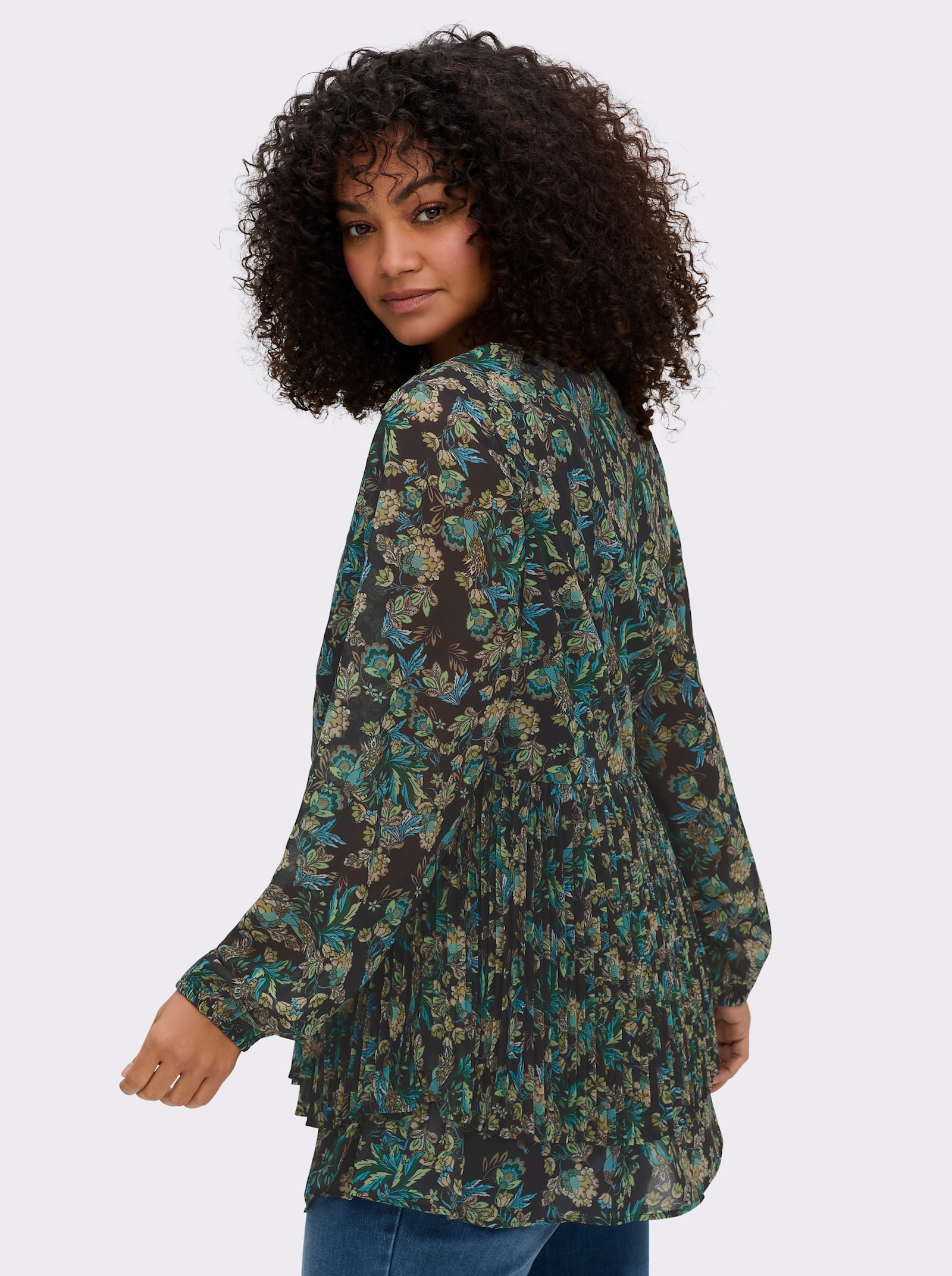 sheego by Joe Browns Tunika aus Chiffon, mit Plisseefalten - schwarz-bedruckt