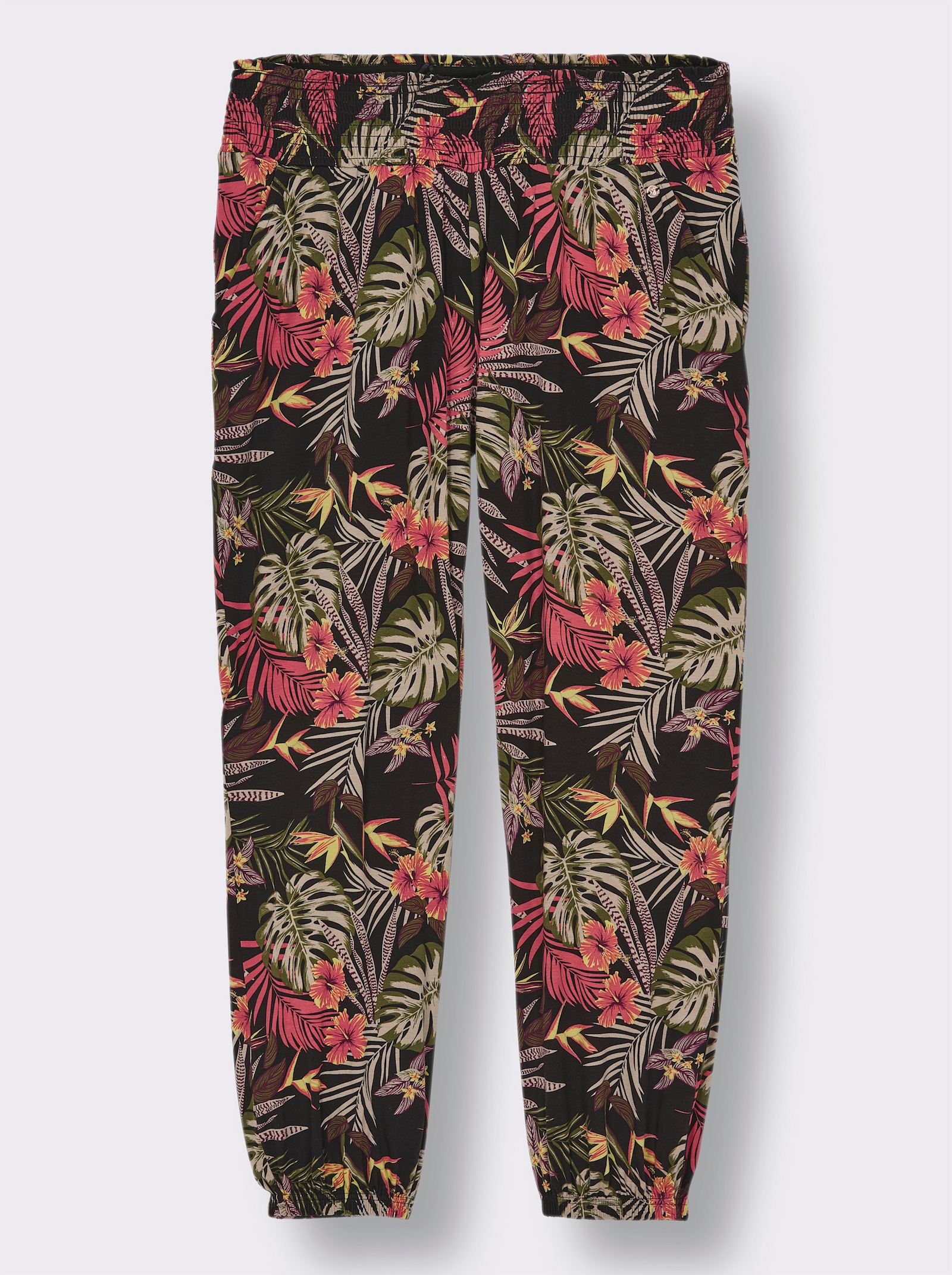 sheego Jerseybroek met tropische print - zwart/bordeaux bedrukt