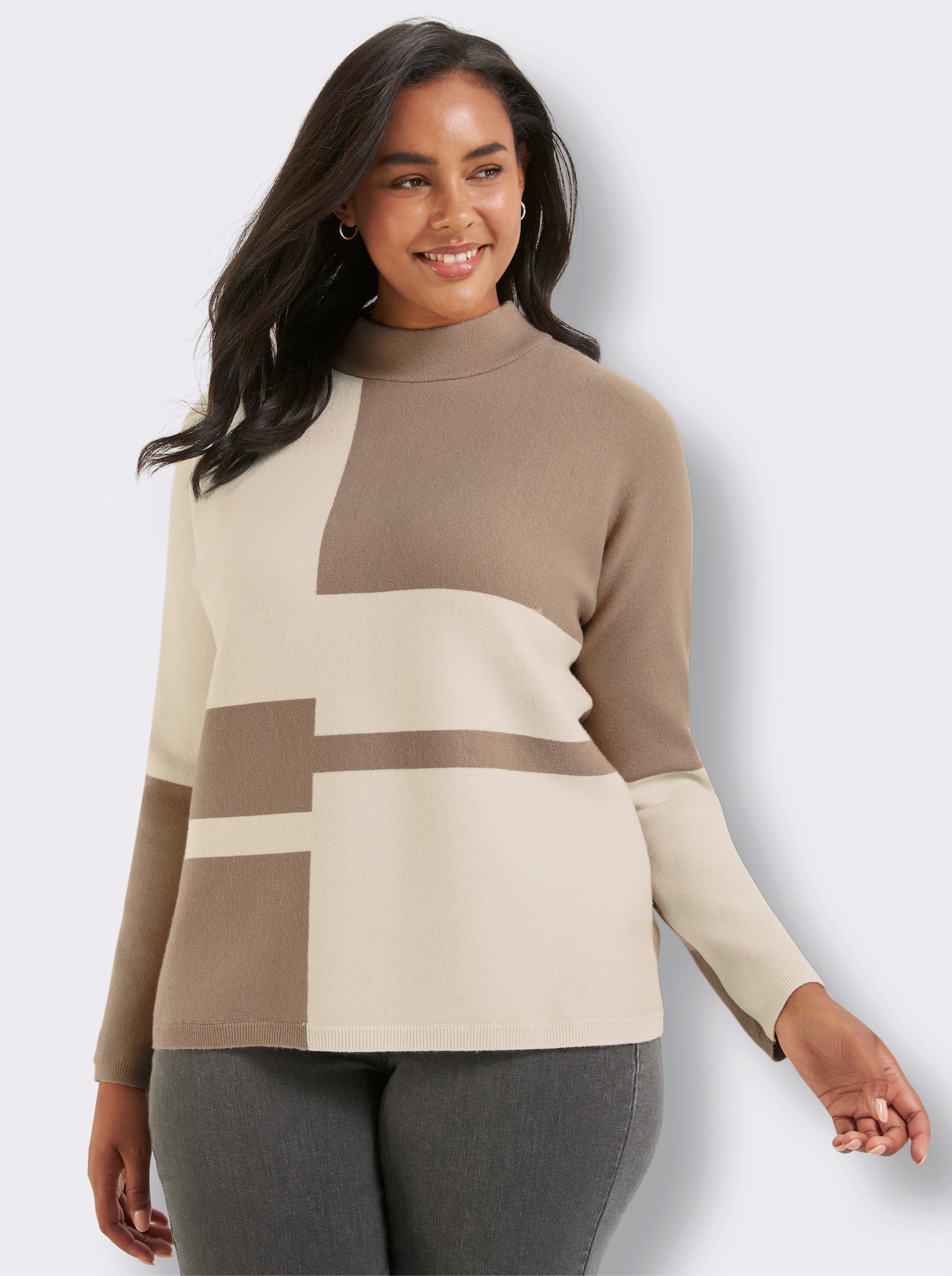 Jacquard-Pullover , Rückenteil einfarbig - beige-ecru-gemustert