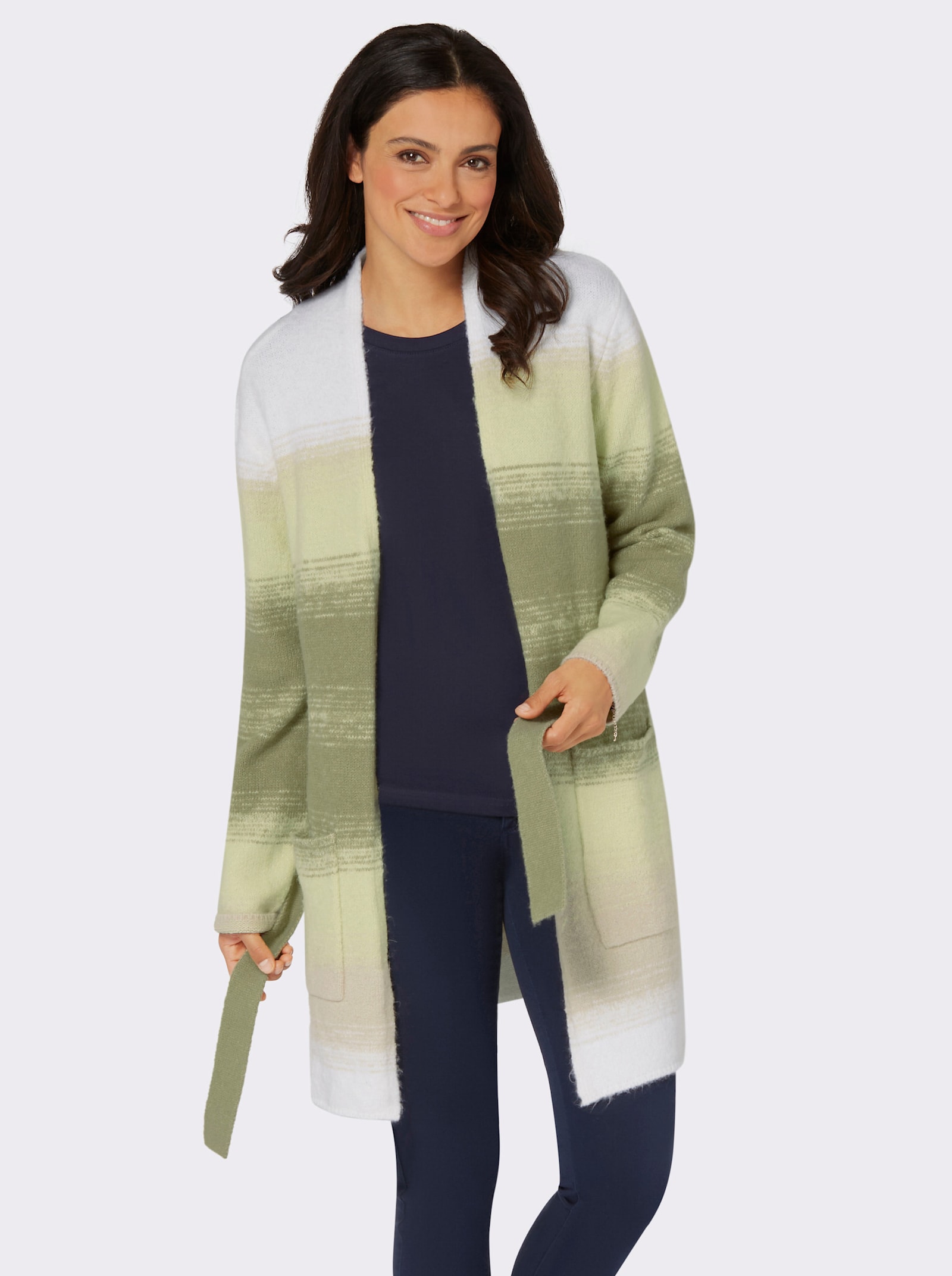 Lang vest met bindceintuur - rietgroen/zand gedessineerd