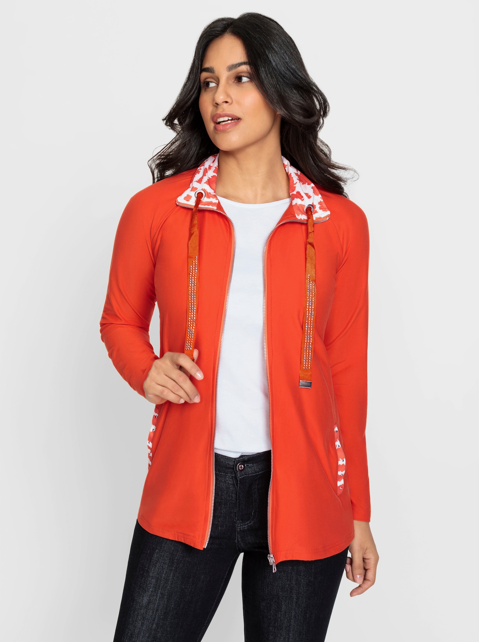 Shirtjacke mit Glitzersteinchen - orange-ecru-gemustert