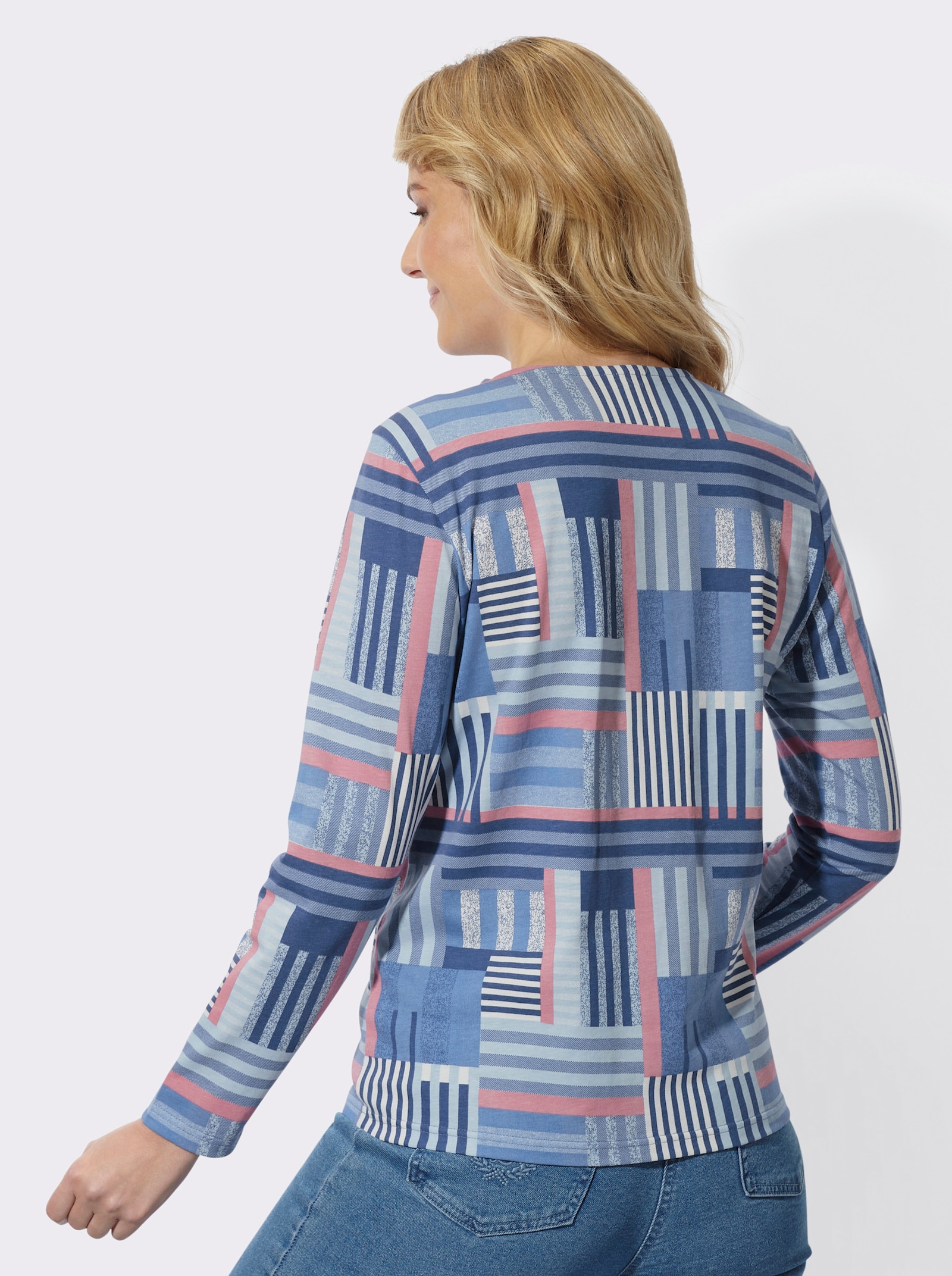 Langarmshirt in gestreifter Patch-Optik - jeansblau-altrosa-bedruckt