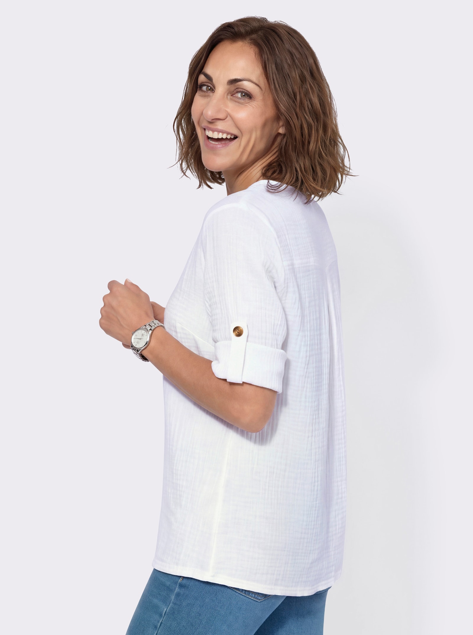 3/4-Arm-Bluse mit Krempelfunktion - weiß