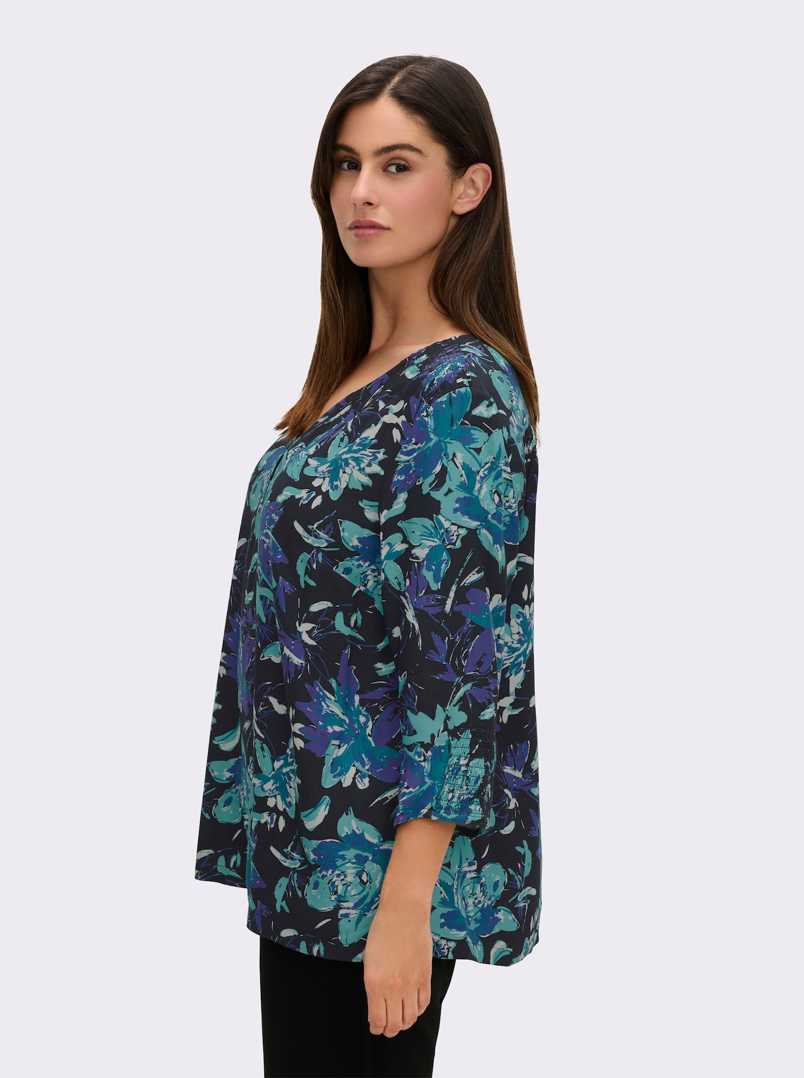 sheego Tunika in A-Form, mit Smokdetails - tiefblau-bedruckt