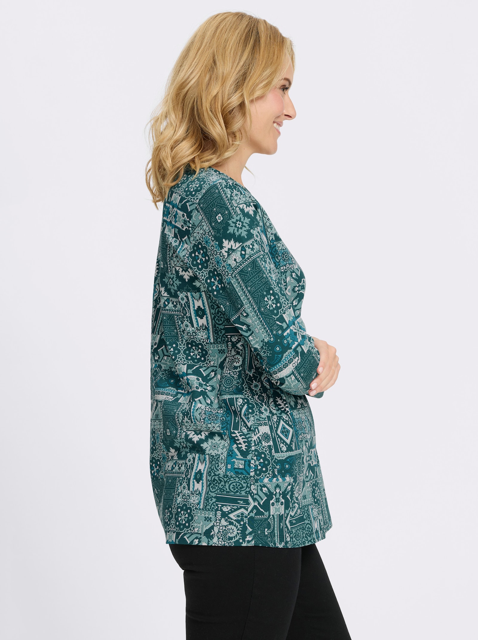 Longshirt mit Patchwork-Druck - petrol-ozean-bedruckt