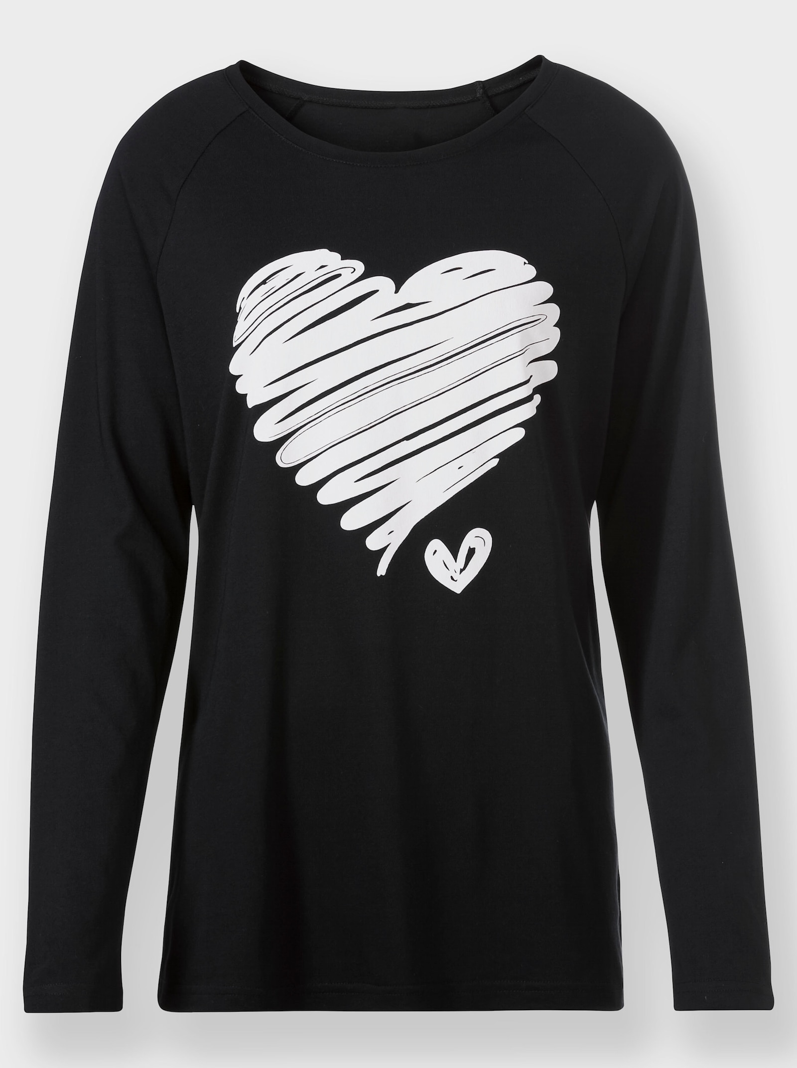 Rundhalsshirt mit Herz-Print vorne - schwarz