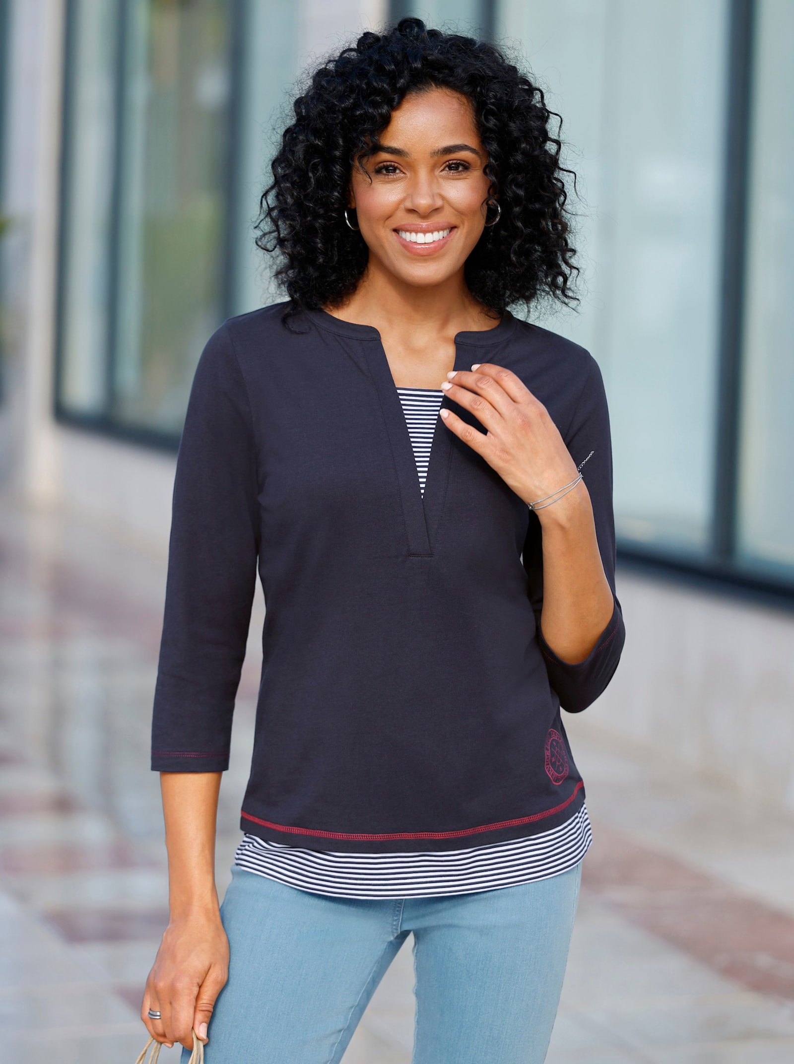 2-in-1-Shirt mit gestreiften Einsätzen - marine-weiss