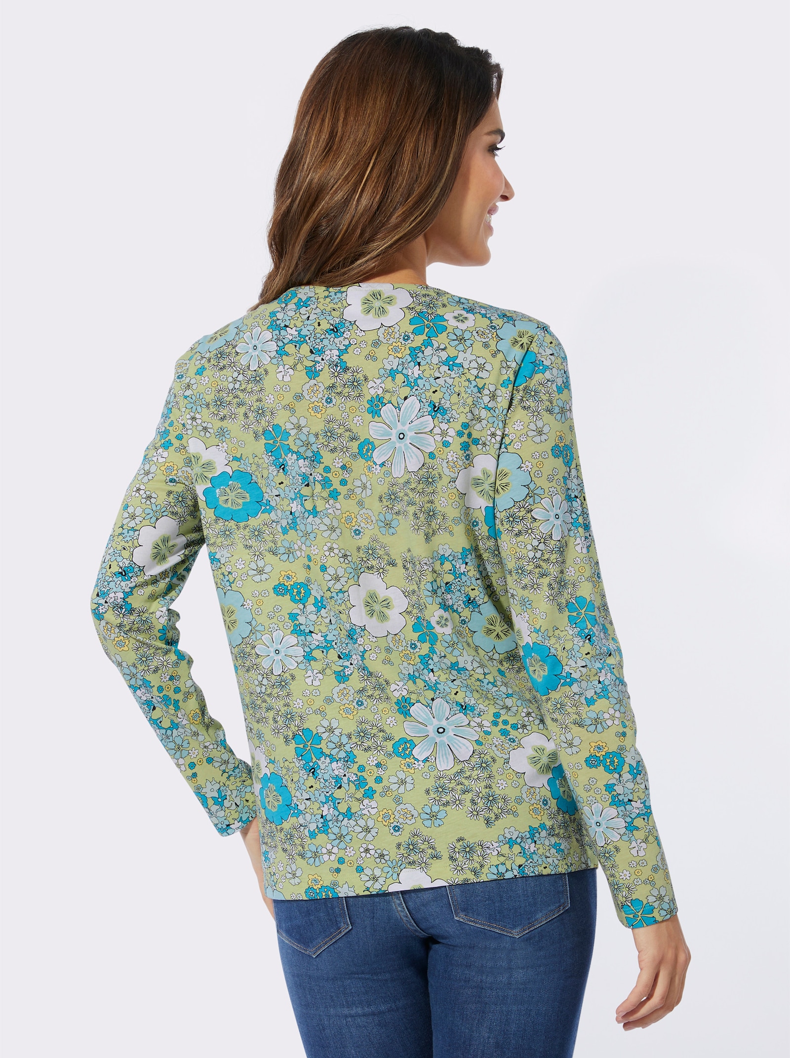 Långärmad topp i enkelstickad trikå - pistasch-mint-med tryck