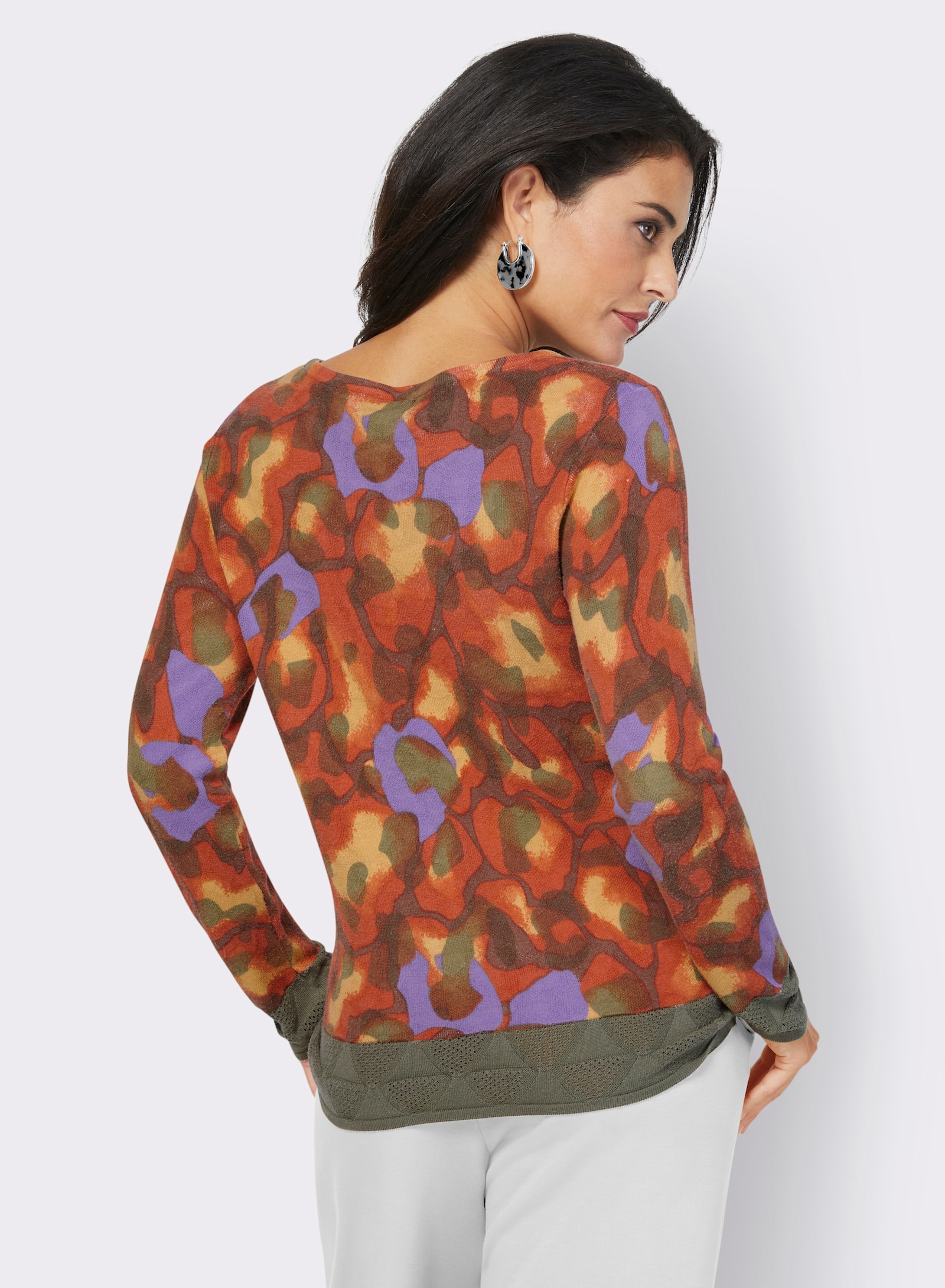 Jacquard-Pullover mit Ajour-Bordüre - khaki-gemustert