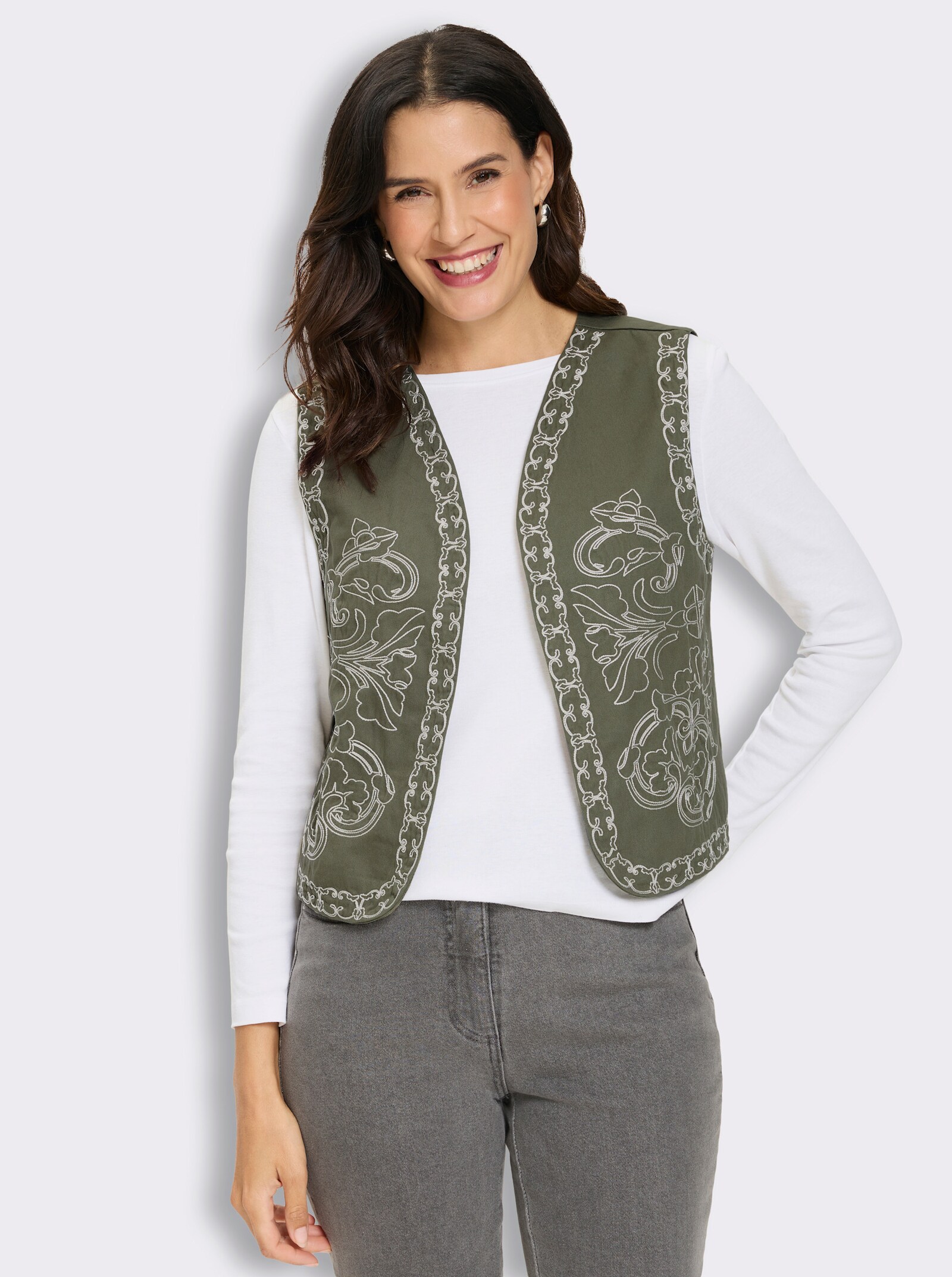 Jeansweste mit Kontrast-Stickerei - khaki-champagner-gemustert
