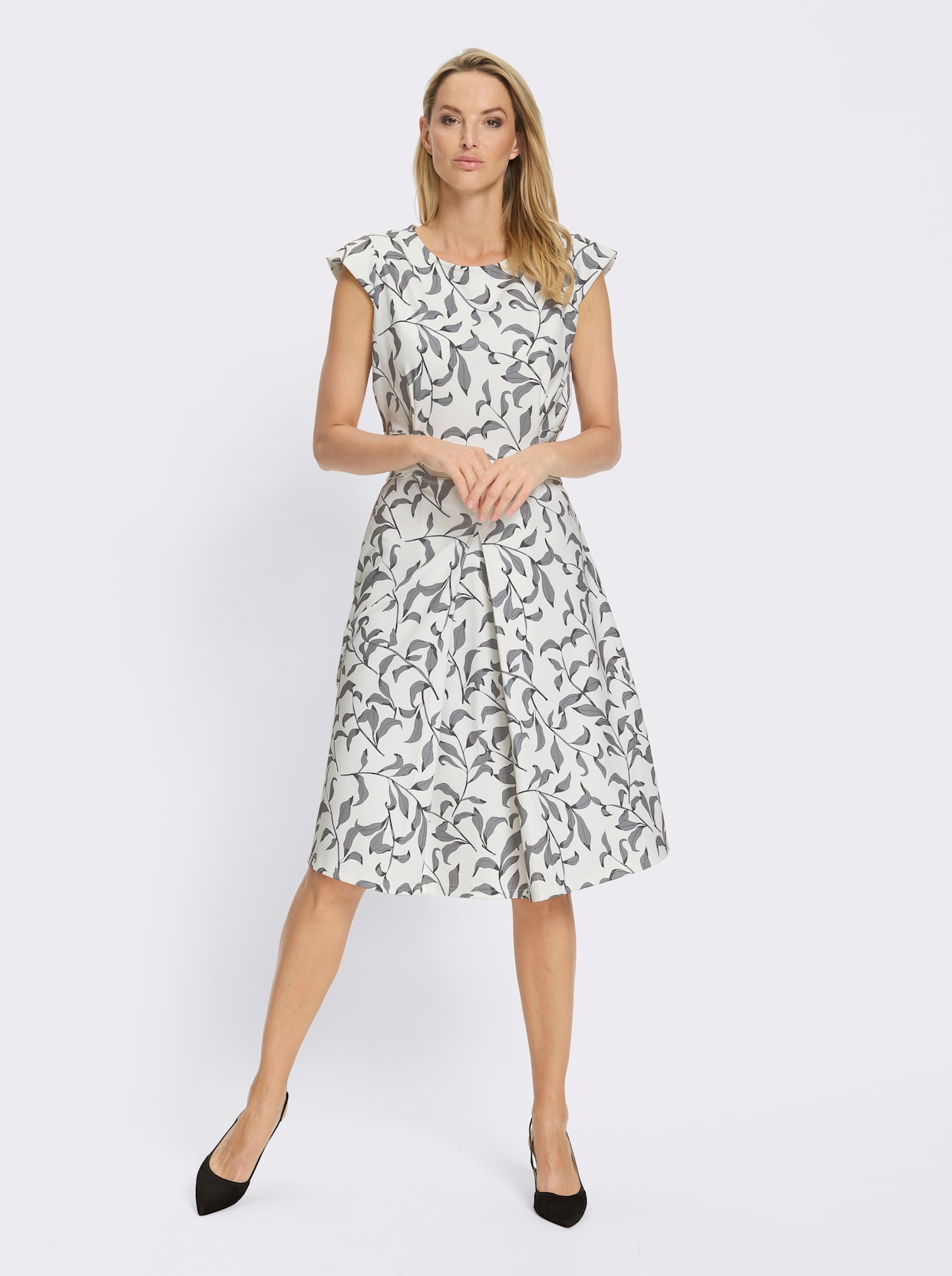 heine Etuikleid inklusive Bindegürtel - ecru-schwarz-bedruckt