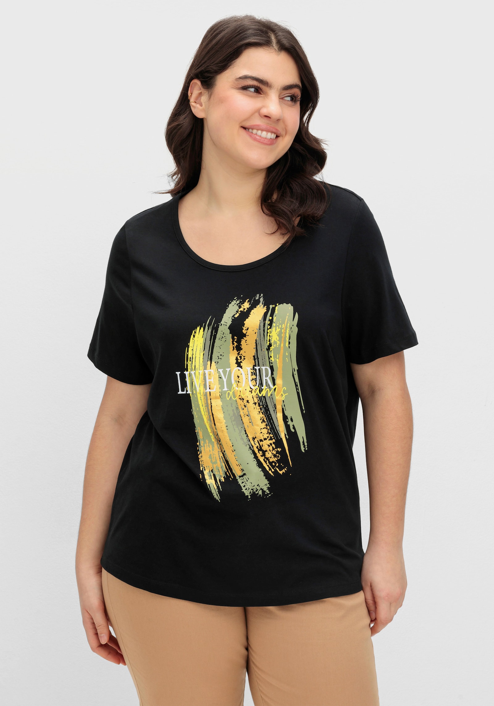 Kurzarmshirt mit Glitzer-Print - schwarz-limone