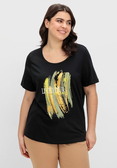 Kurzarmshirt mit Glitzer-Print - schwarz-limone