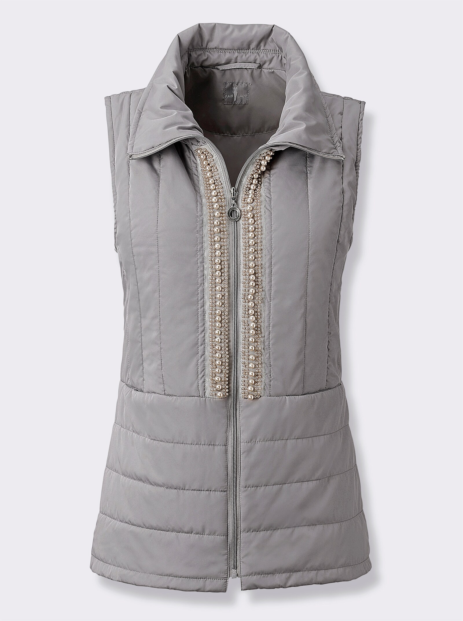 Steppweste mit Zierperlen am Reißverschluss - steingrau