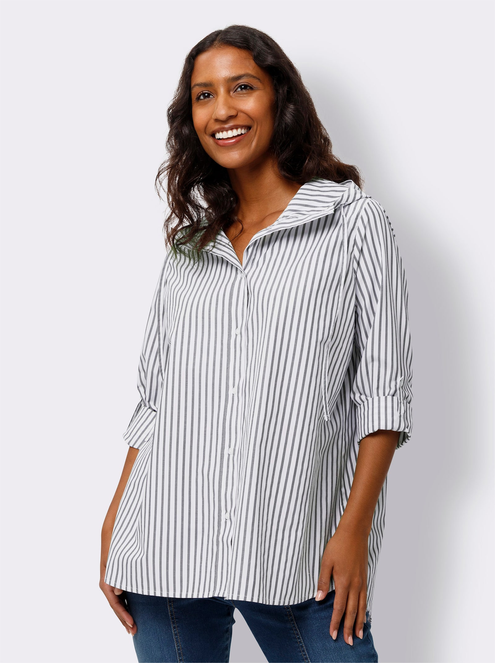 heine Gestreifte Bluse mit Kapuze - khaki-ecru-gestreift