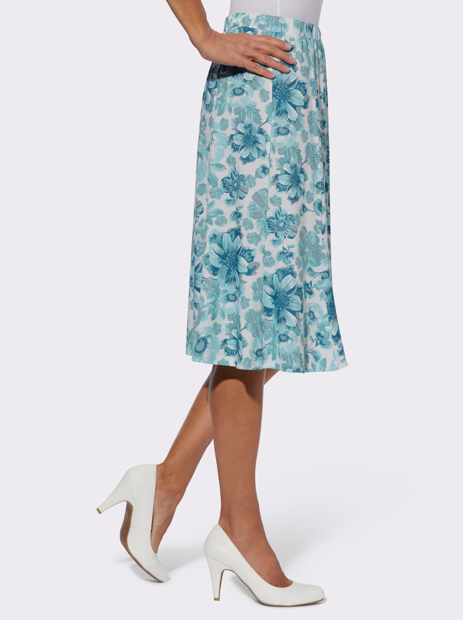 Vårdskuren trikåkjol - gräddvit-jade med tryck