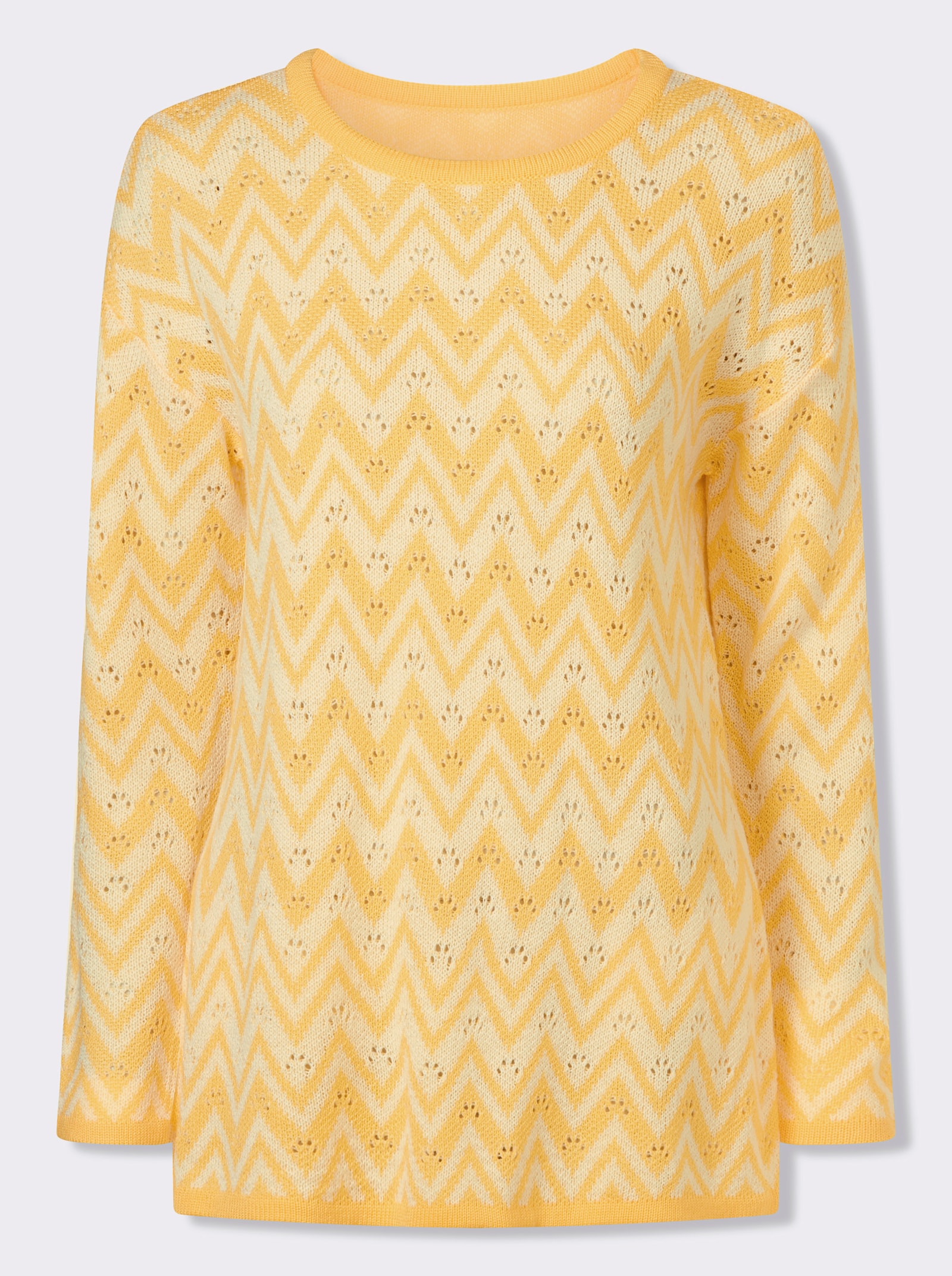 Lange pullover met zigzag- en ajourpatroon - geel/wit gedessineerd