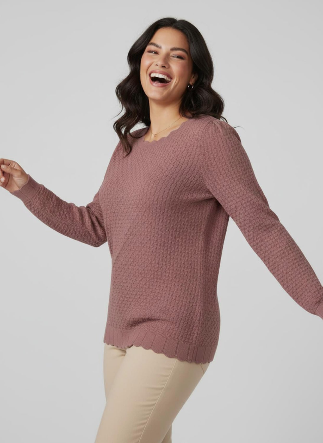 Feinstrickpullover mit Zopf-Muster - rosenholz