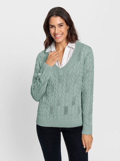 V-Ausschnitt-Pullover mit Ripp-Abschlüssen - kalkmint