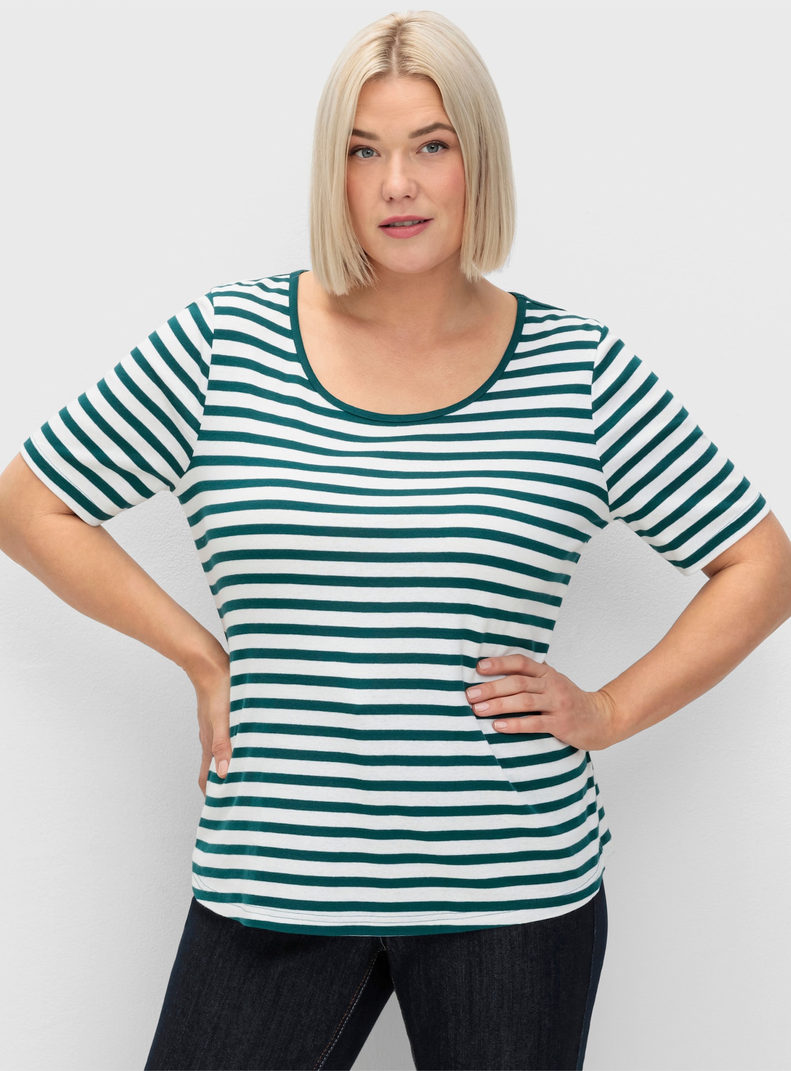 sheego Streifenshirt mit Rundhalsausschnitt - petrol-weiss