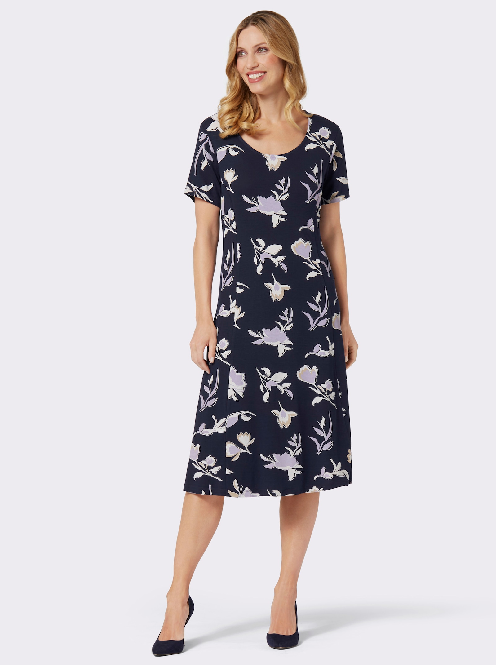 Jerseykleid in Schlupfform - marine-flieder-bedruckt