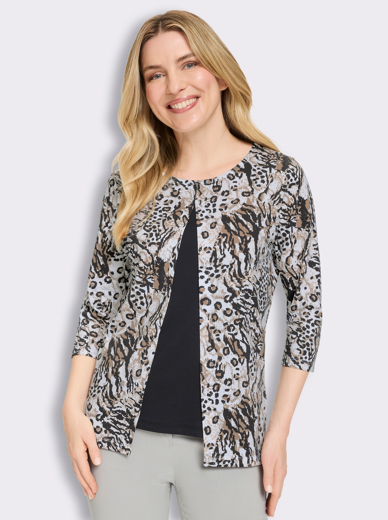 2-in-1-Shirt in A-Form - ecru-schwarz-bedruckt