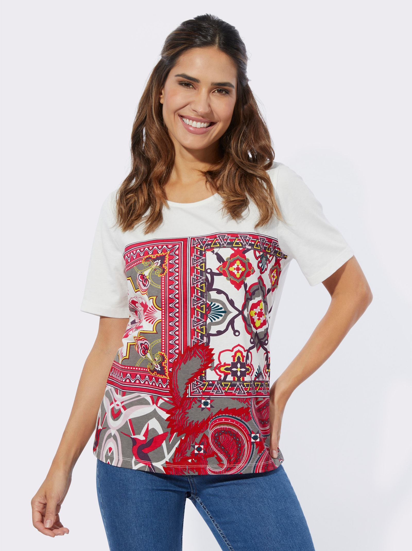  Shirt met korte mouwen en print - ecru/pink