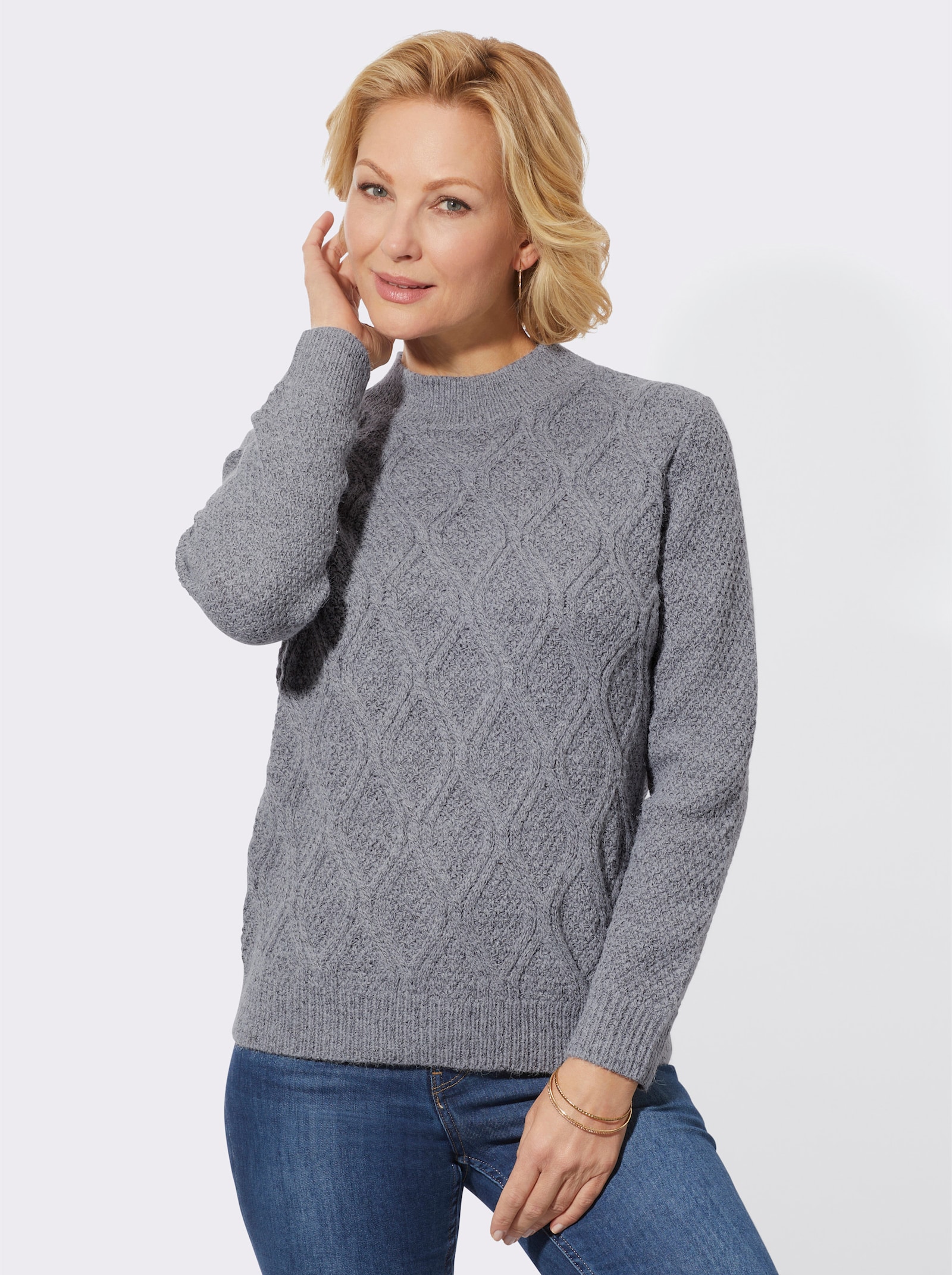 Stehkragenpullover aus Flauschgarn - steingrau-meliert