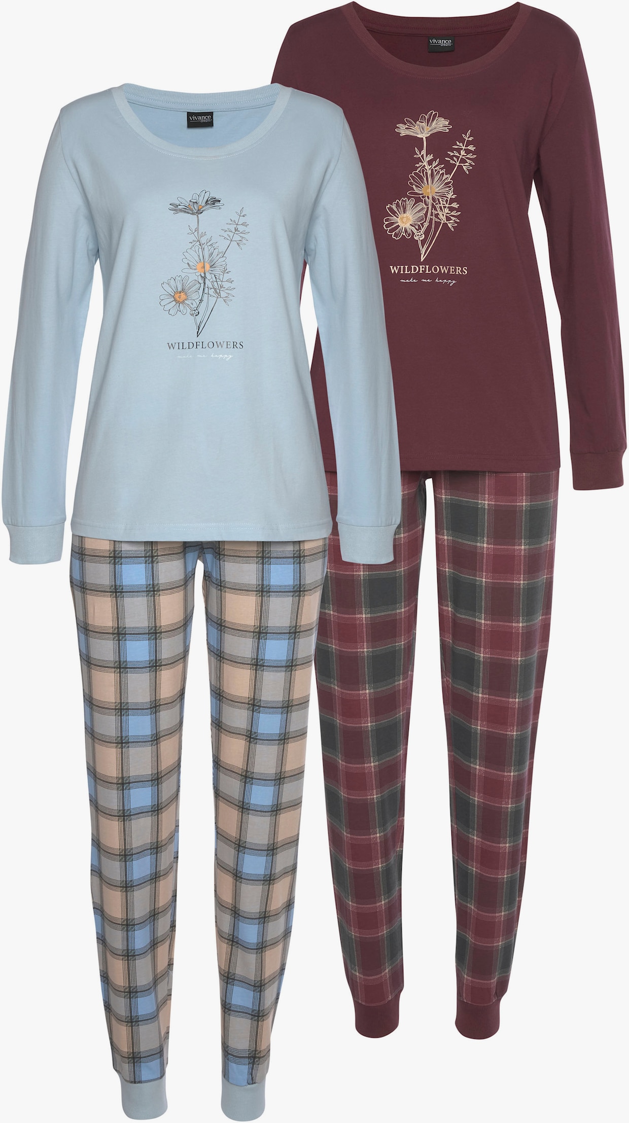 Vivance Dreams Pyjama - bordeaux-kariert, kariert-hellblau