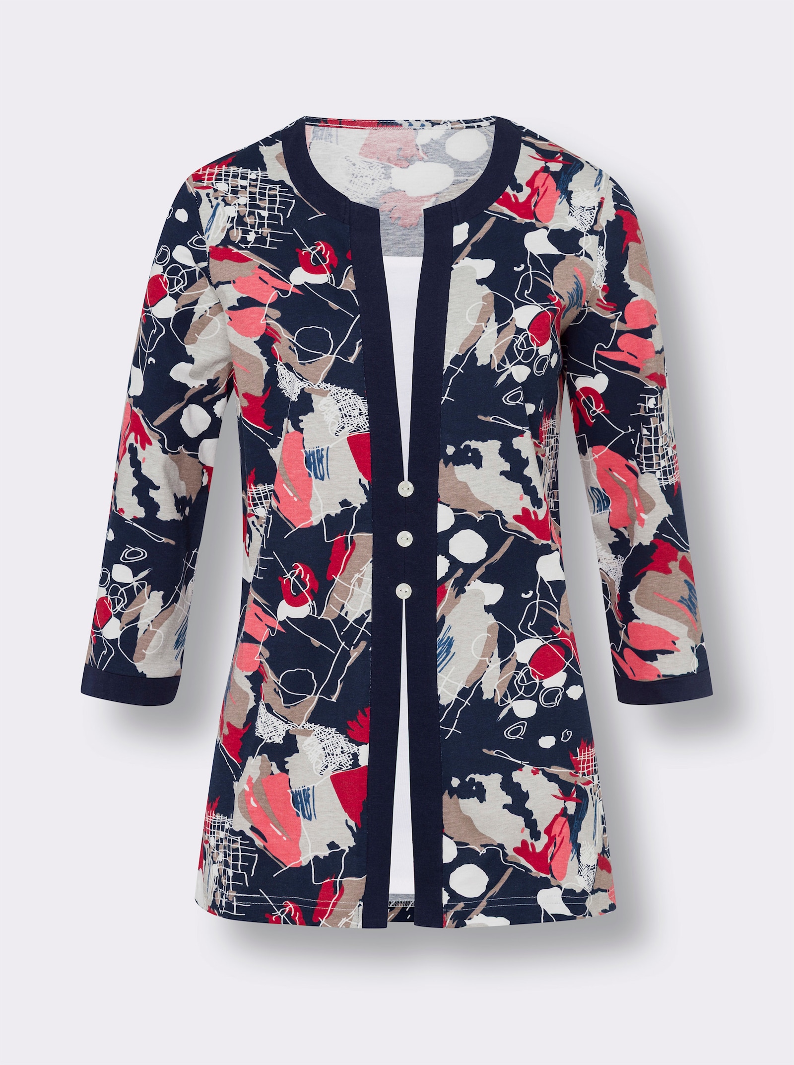 2-in-1-Shirt mit 3/4-Ärmeln - marine-koralle-bedruckt