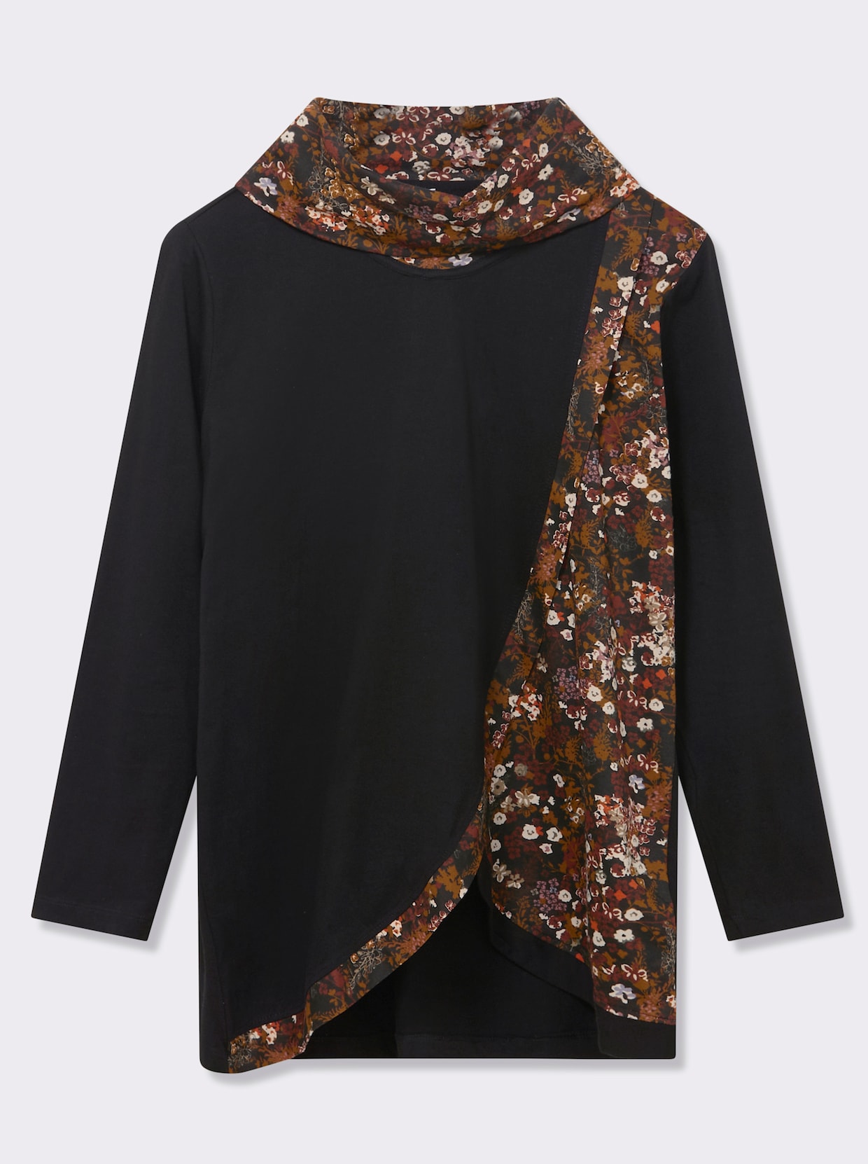 Longshirt in überlappender Optik - schwarz-bedruckt