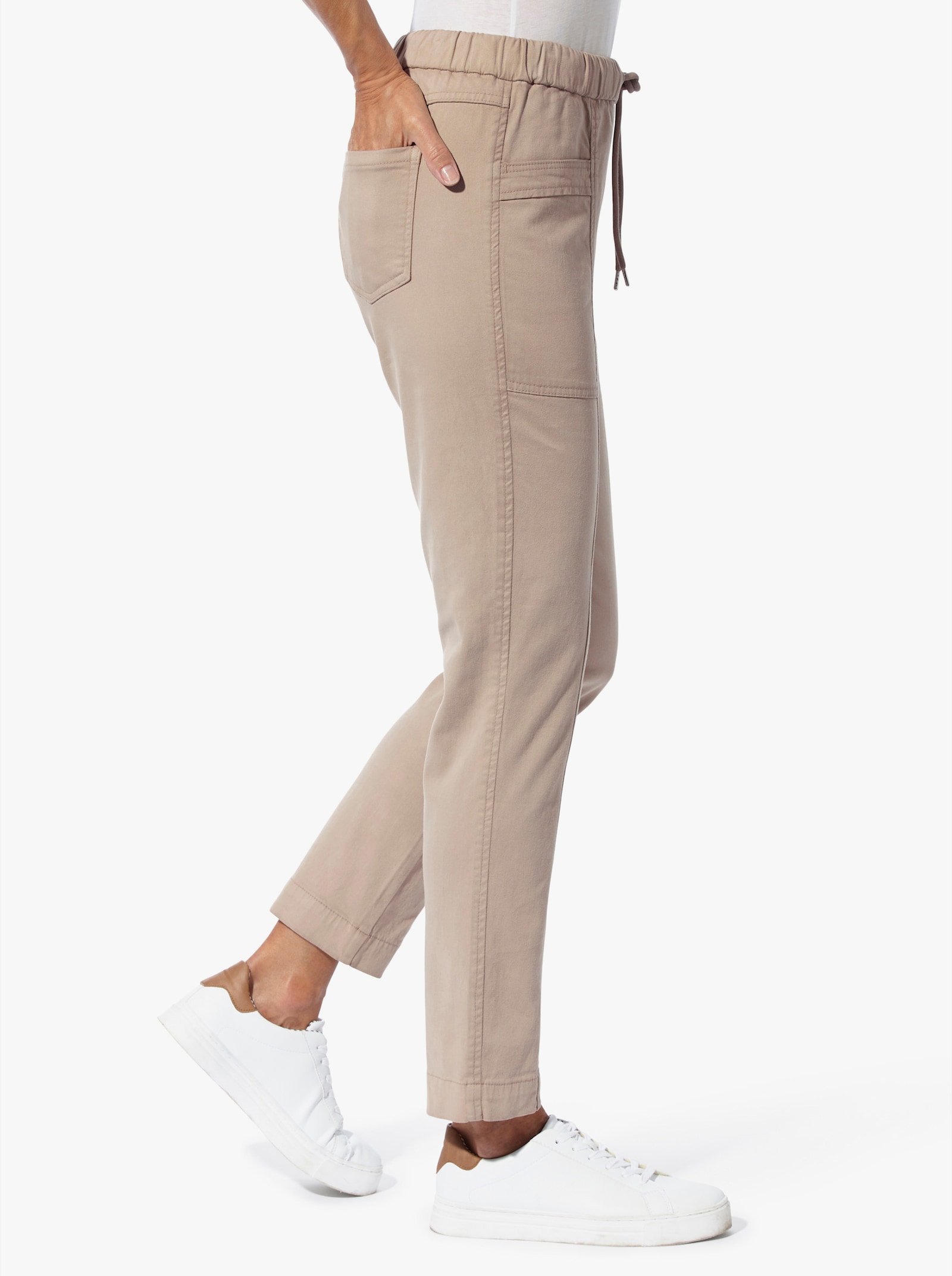 Džínsy na gumu s našitými vreckami - sezamová