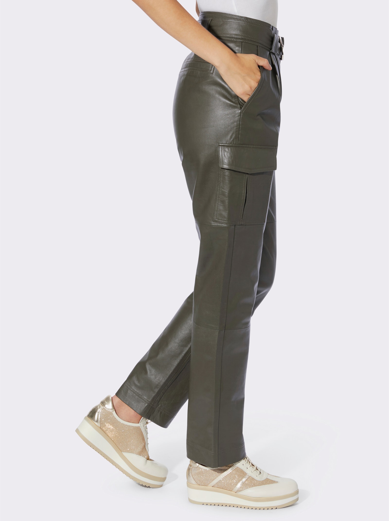 heine Pantalon en cuir style cargo - kaki