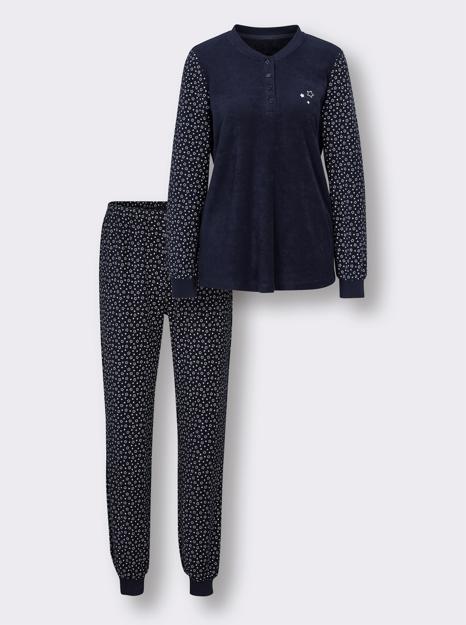 wäschepur Schlafanzug aus Feinfrottee - marine-weiß-bedruckt