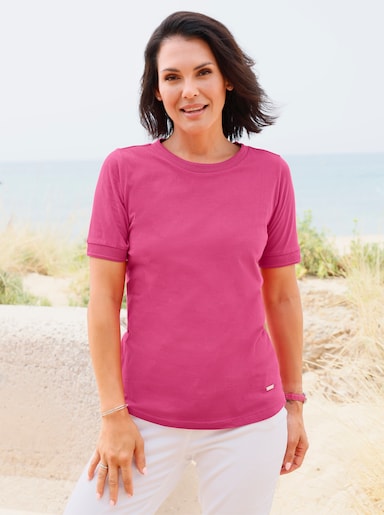 Rundhalsshirt mit Ajourmuster an Kragen und Ärmeln - fuchsia