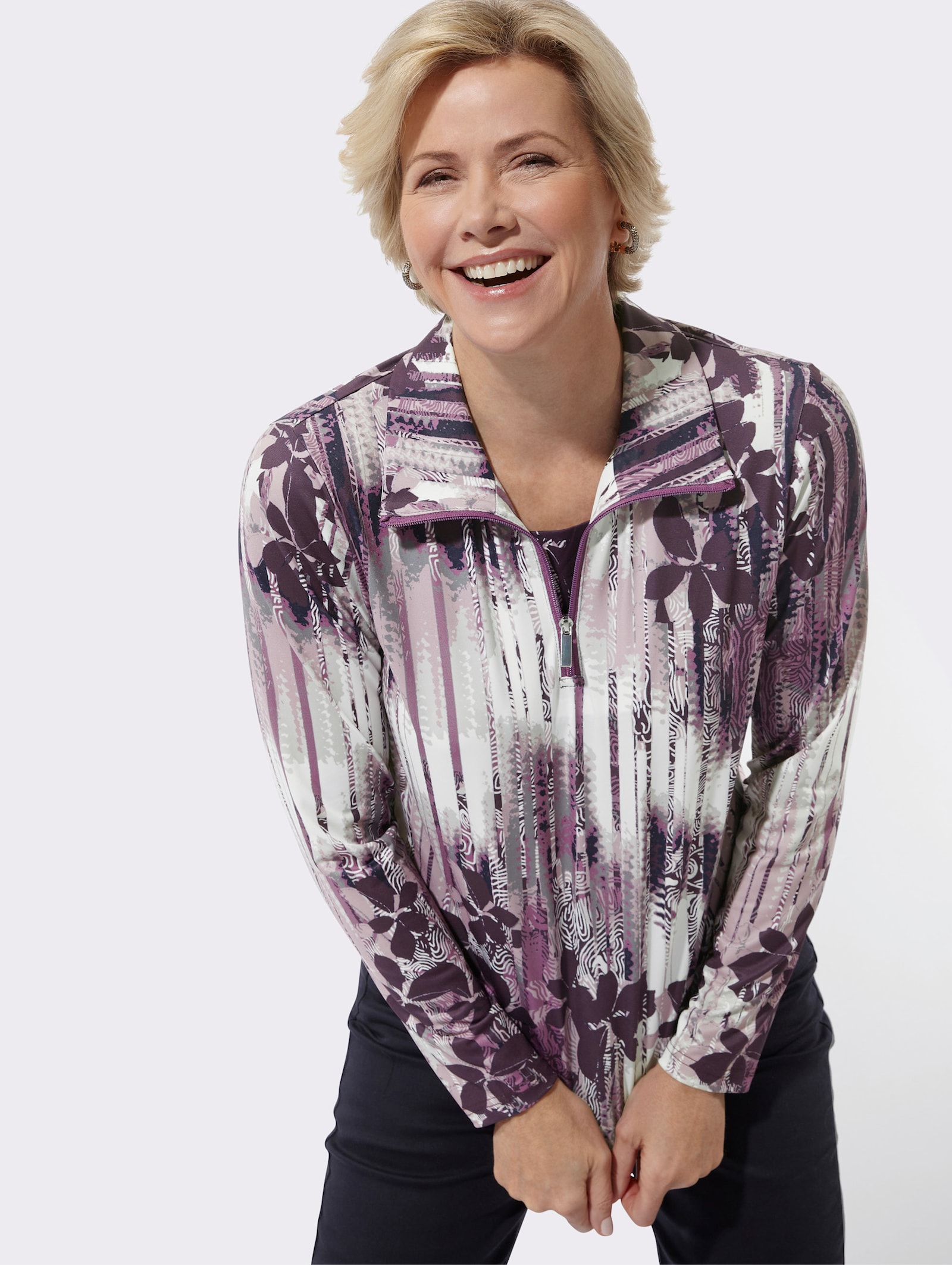 Poloshirt in 2-in-1-Optik - marine-mauve-bedruckt