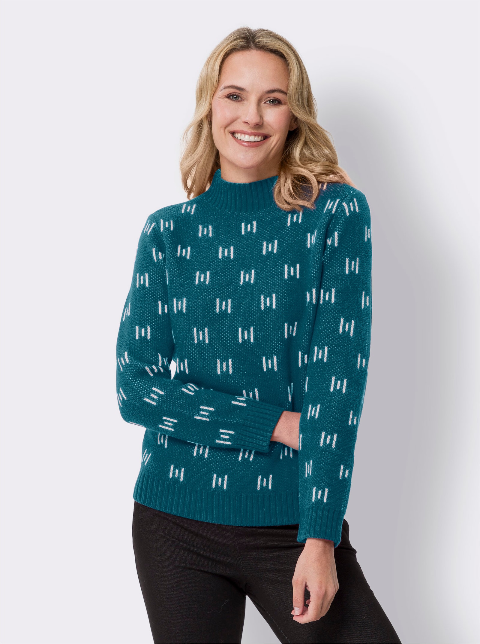 Pullover met opstaande kraag en breipatroon - aquapetrol/ecru gedessineerd