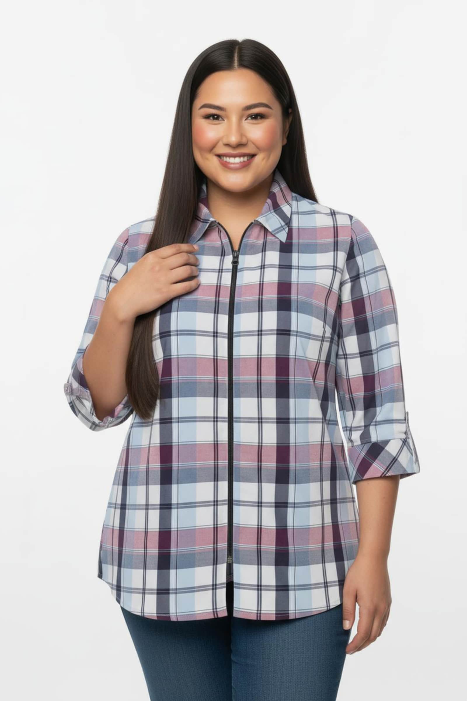 Karobluse mit Reißverschluss - fuchsia-marine-kariert