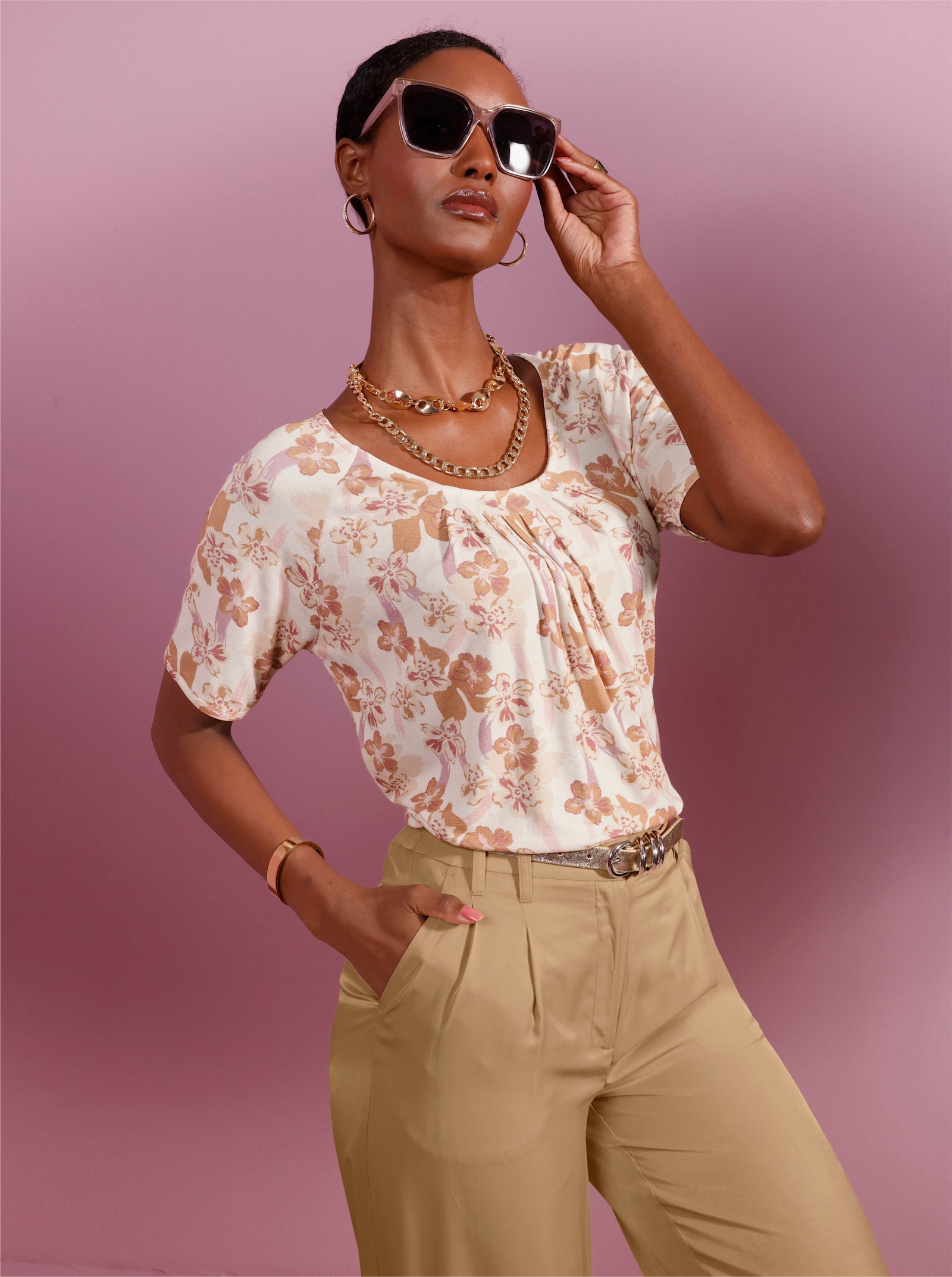 Print-Shirt mit Faltenpartie - champagner-rosenholz-bedruckt