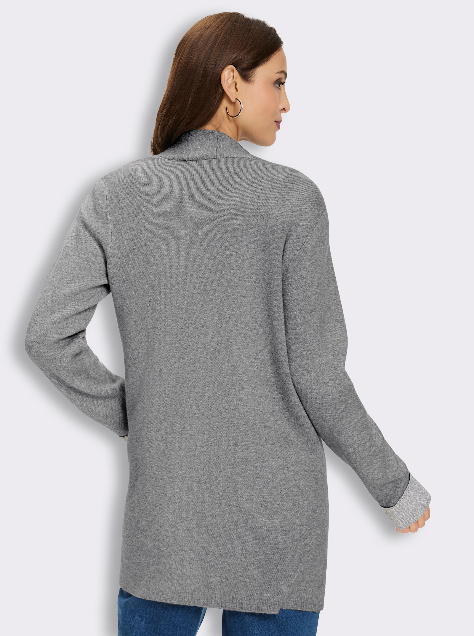 Longstrickjacke mit Glanzgarn-Details - steingrau-meliert