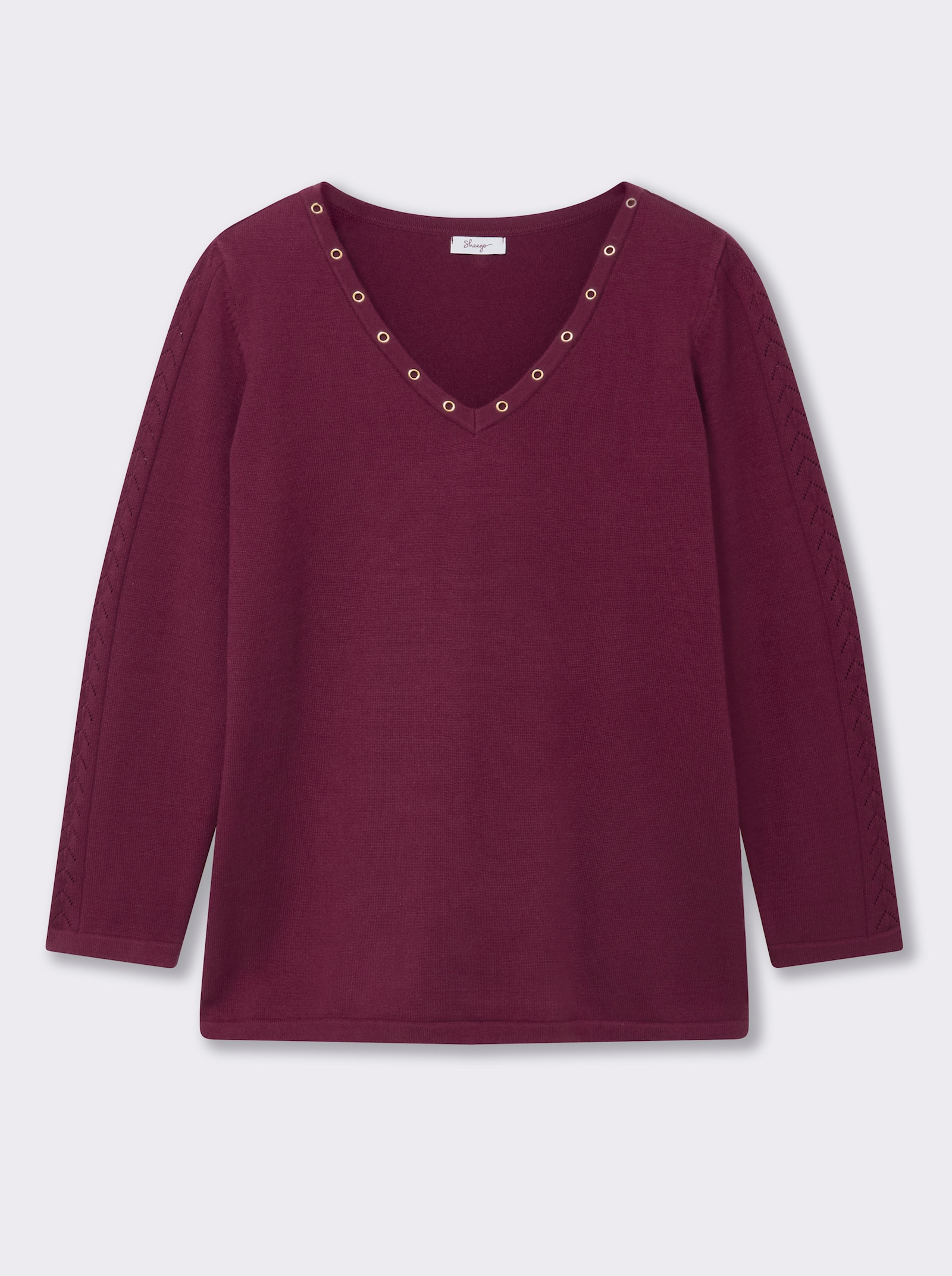 sheego Pullover mit tiefem V-Ausschnitt und Ösenverzierung - bordeaux
