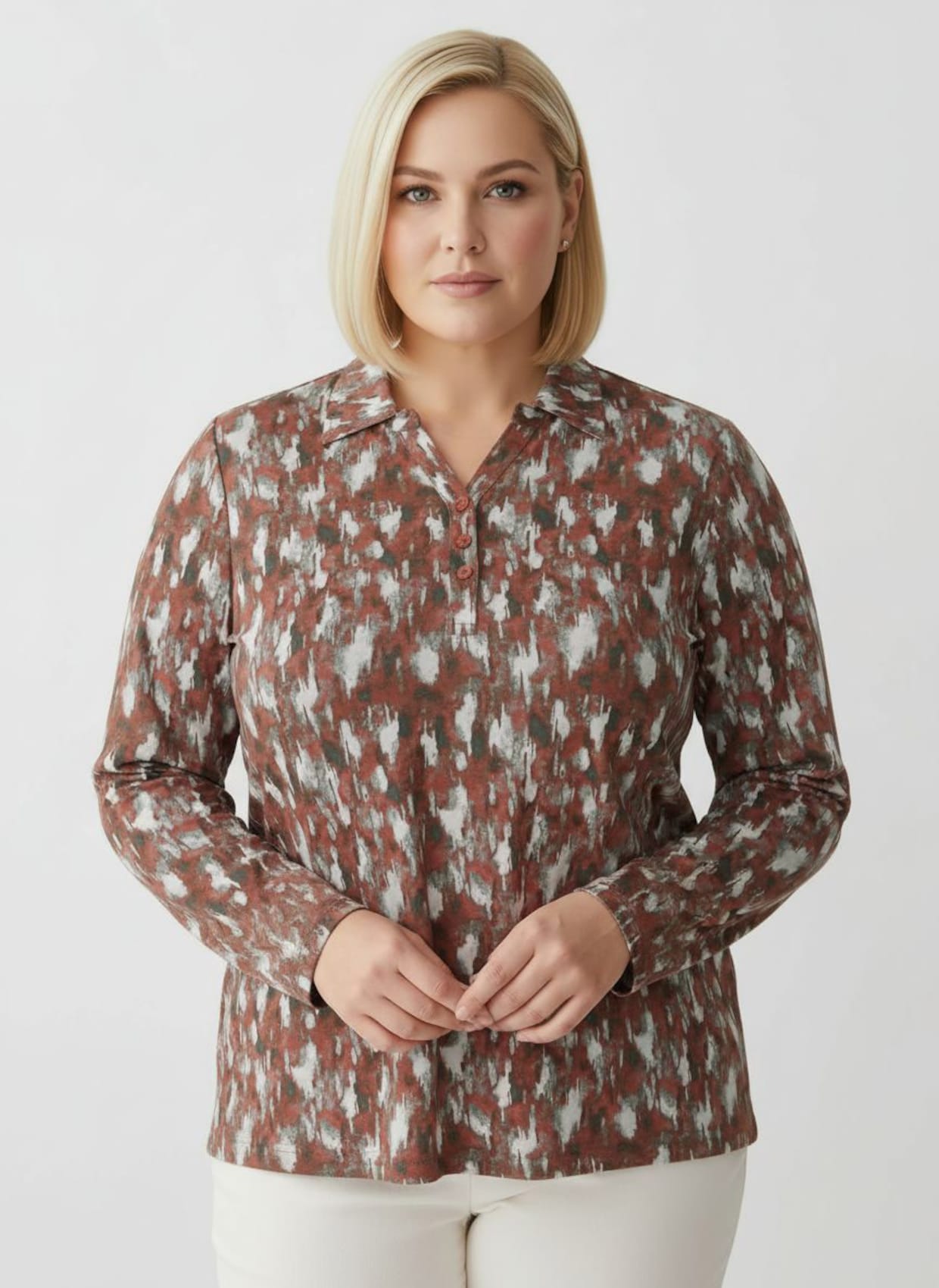 Poloshirt mit kurzer Knopfleiste - rostrot-graphit-bedruckt