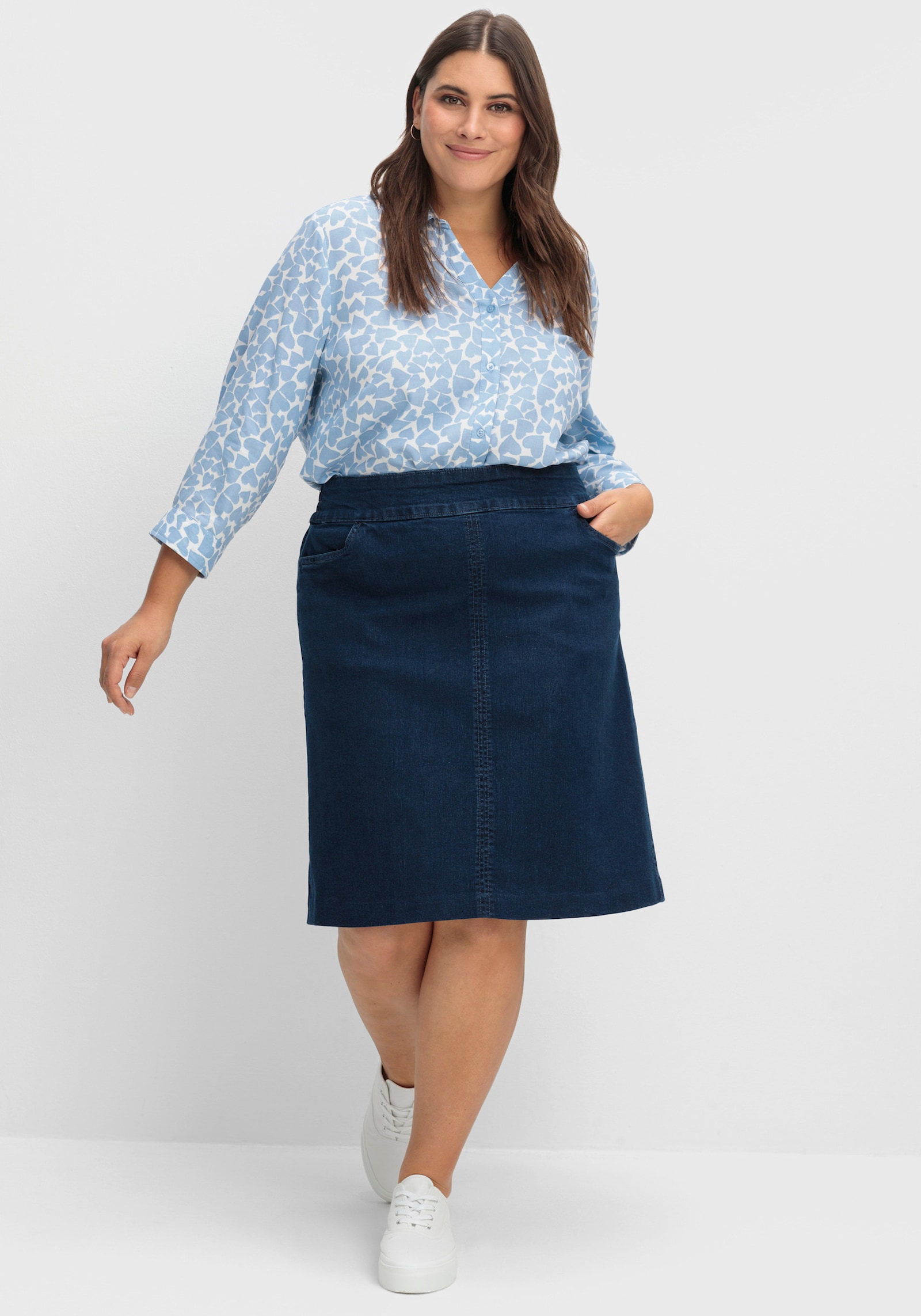 Jeansrock mit hoher Bundpatte - blue-stone-washed